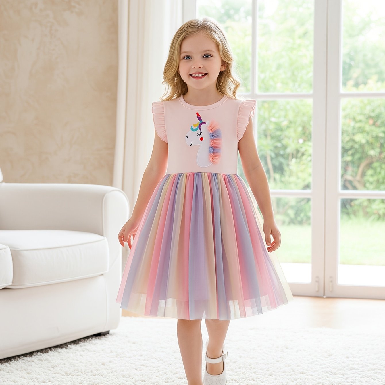 Image of Girls' Summer Unicorn Princess Dress, Cute Puffy Skirt, Little Girl Princess Dress And Tulle Skirt, Summer Essential