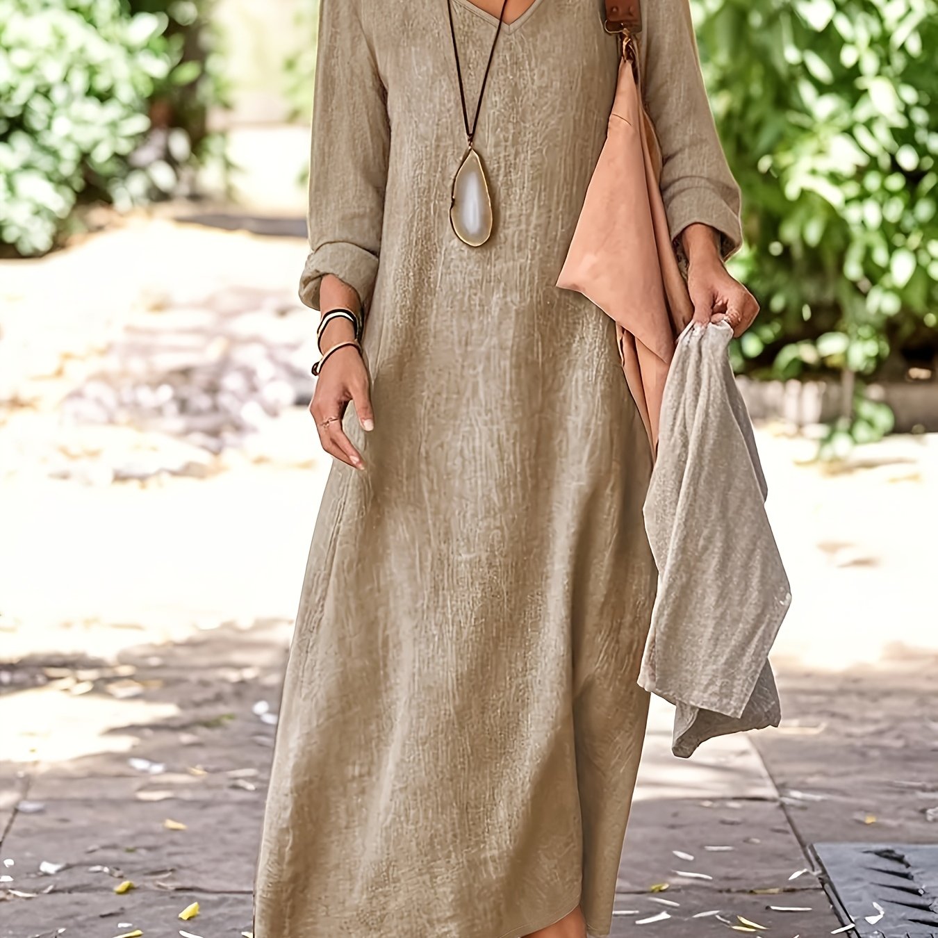 E-shop Damen-Langarmkleid für Frühling/Herbst im Urlaubsstil mit V-Ausschnitt