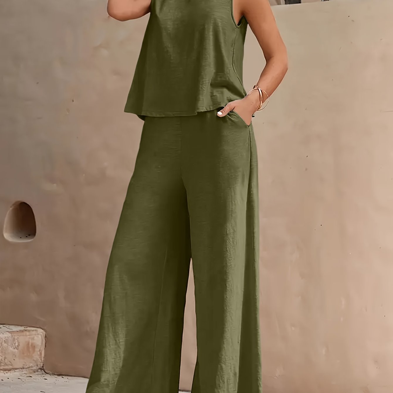 TEMU Popular! Women's Sleeveless Crop Top And Wide-leg Pants Set, Breathable Fabric, Versatile For Vacation And Daily Outfit, Casual Summer Outfit