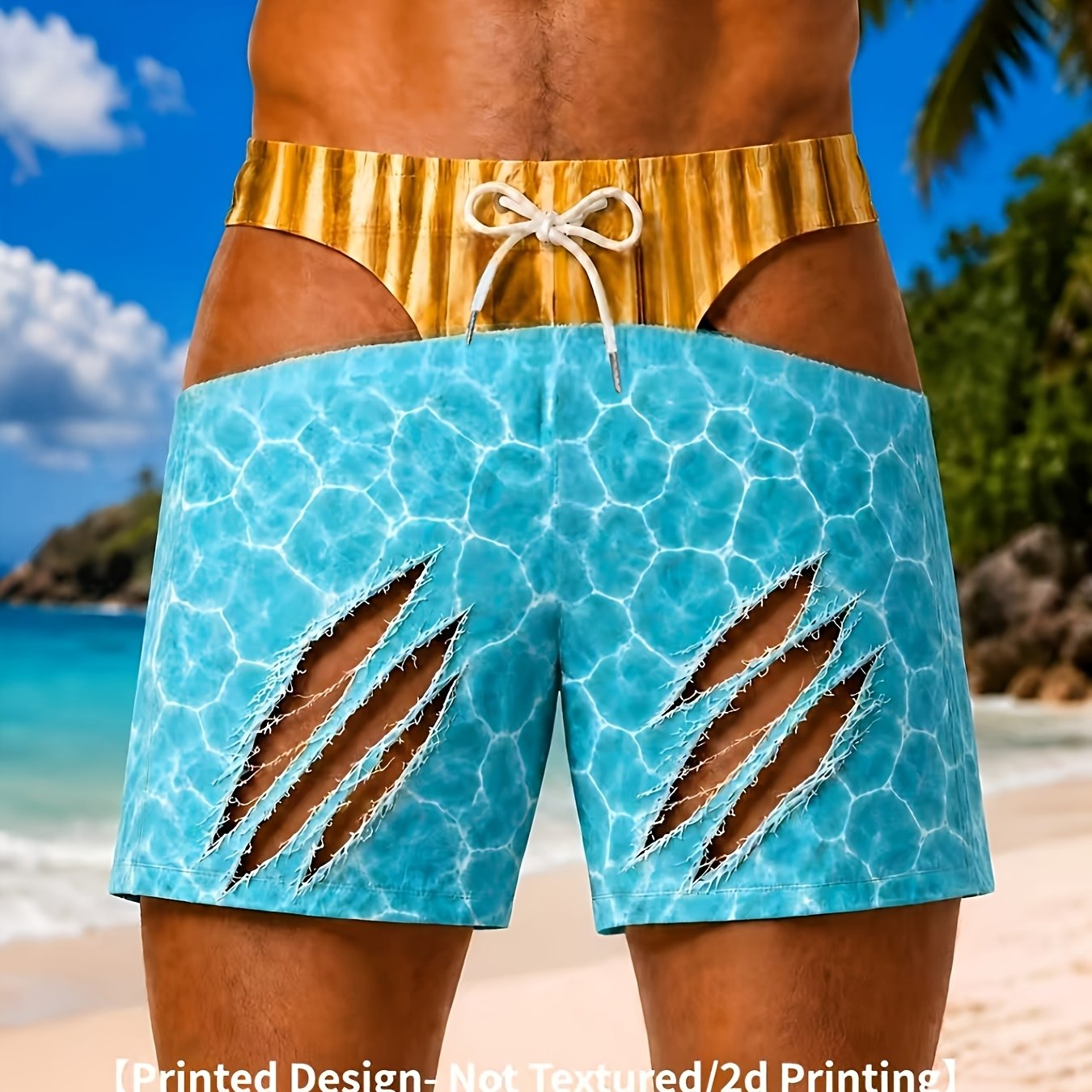 TEMU [print Design - Not Textured/2d Printing] Men's Casual Sports Beach Shorts, Simulated Ripped Hole Golden Swim Trunks Pattern Print Design, With