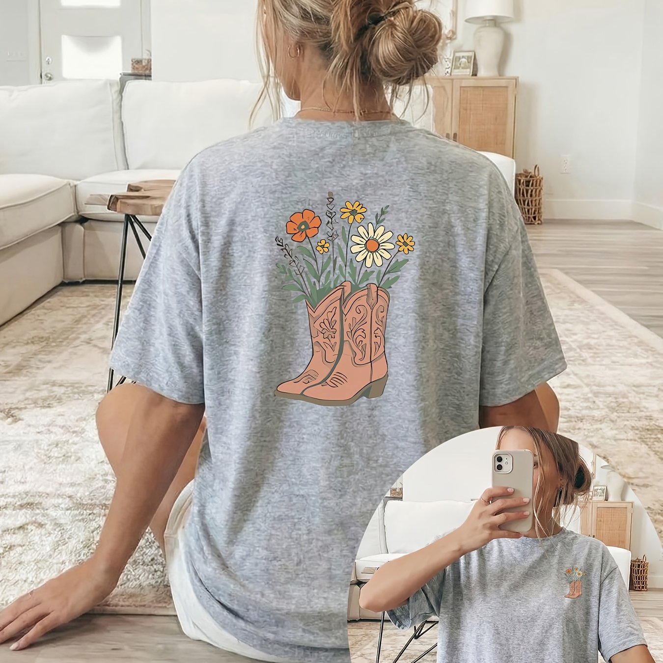 TEMU [double-sided Print] Spring/summer Loose-fit Casual Women's Wear, Short-sleeve Round-neck T-shirt With Denim Boot And Floral Print