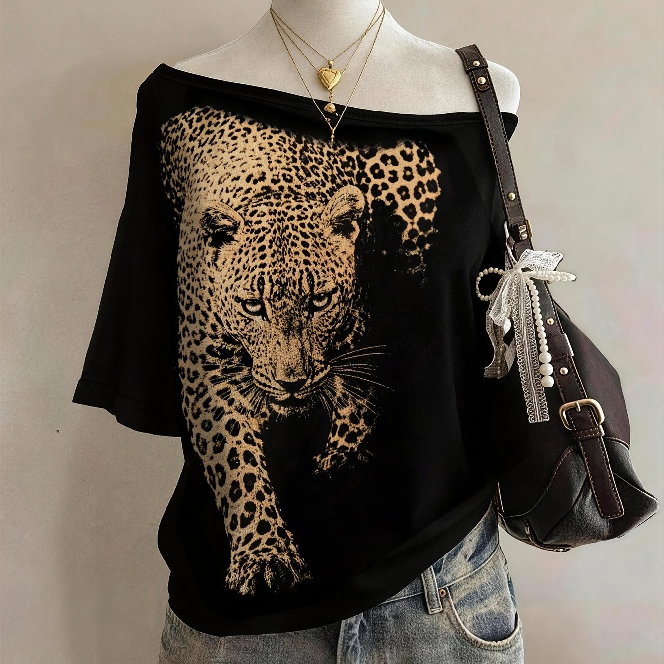 TEMU Leopard Print -fit Short-sleeve T-shirt, Realistic Wild Graphic Design, Stretchy Fabric Top, European/american Y2k , Off-shoulder Neckline, And