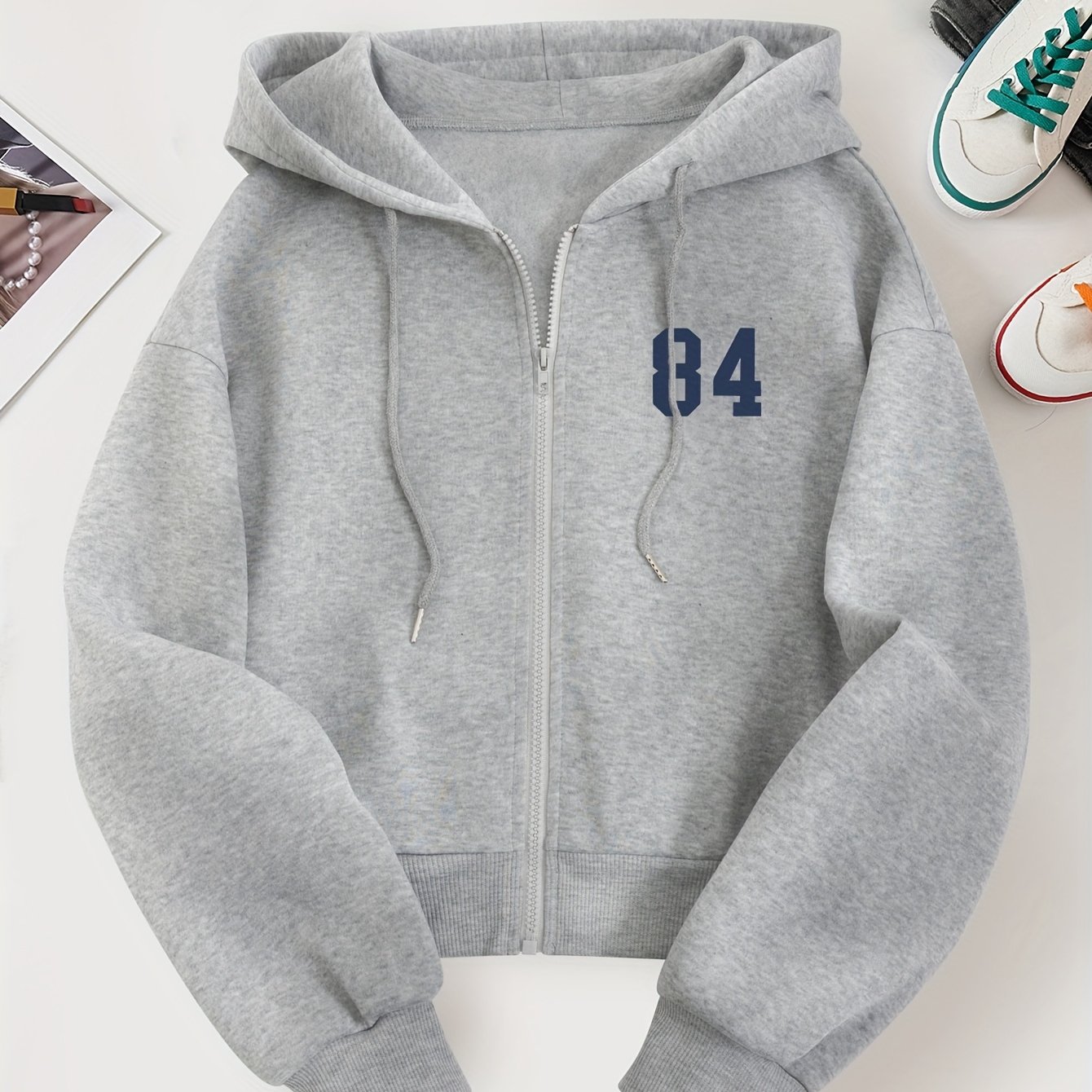TEMU D139-one-piece Solid Color Women's Fashion Hoodie Double-layer Hat With Number 84 Casual All-match New Long-sleeve Top-wzh1129