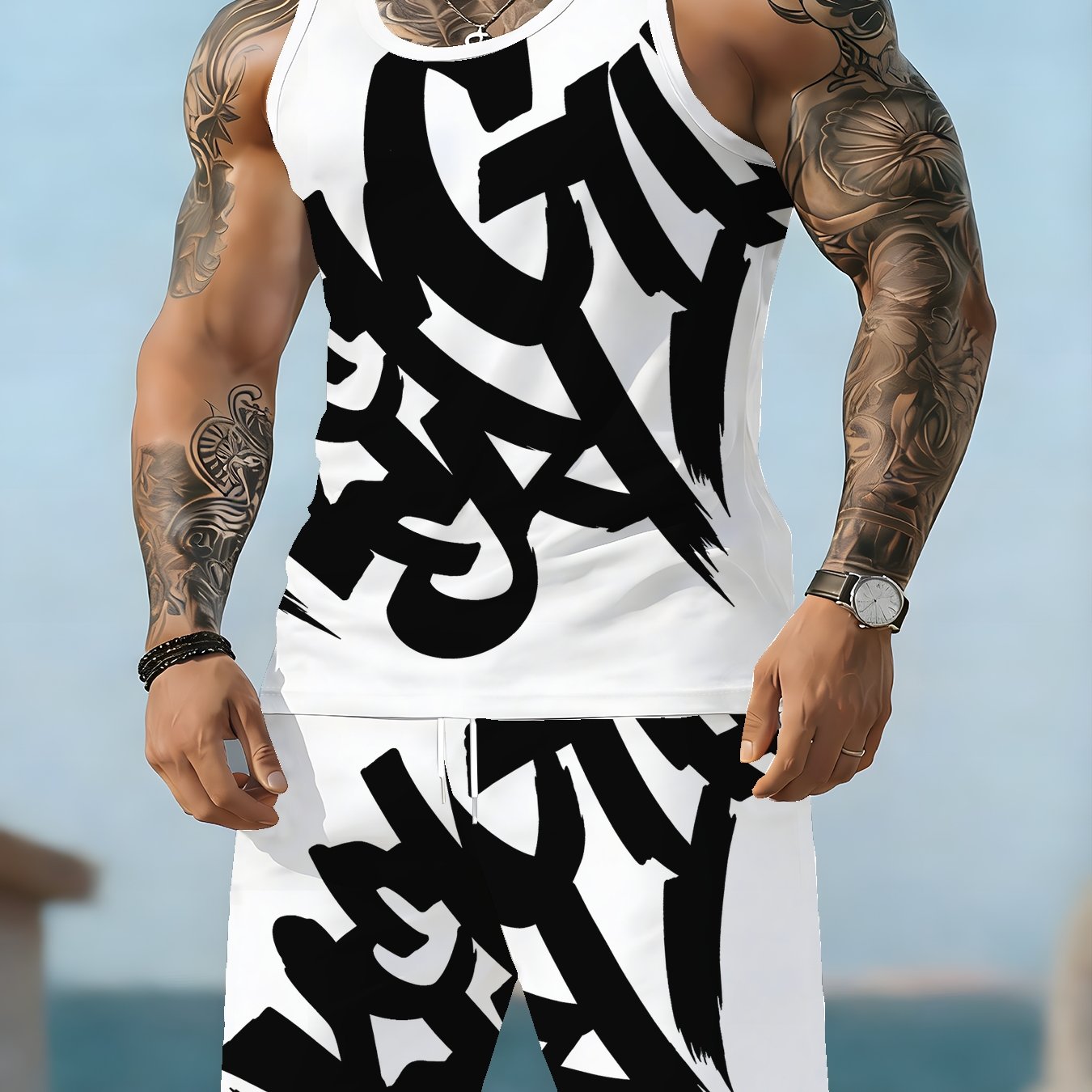 TEMU Men's Athletic Vest And Shorts Set, Summer Lightweight Quick-dry Breathable Round Neck 3d Print Fitness Running Two-piece Set