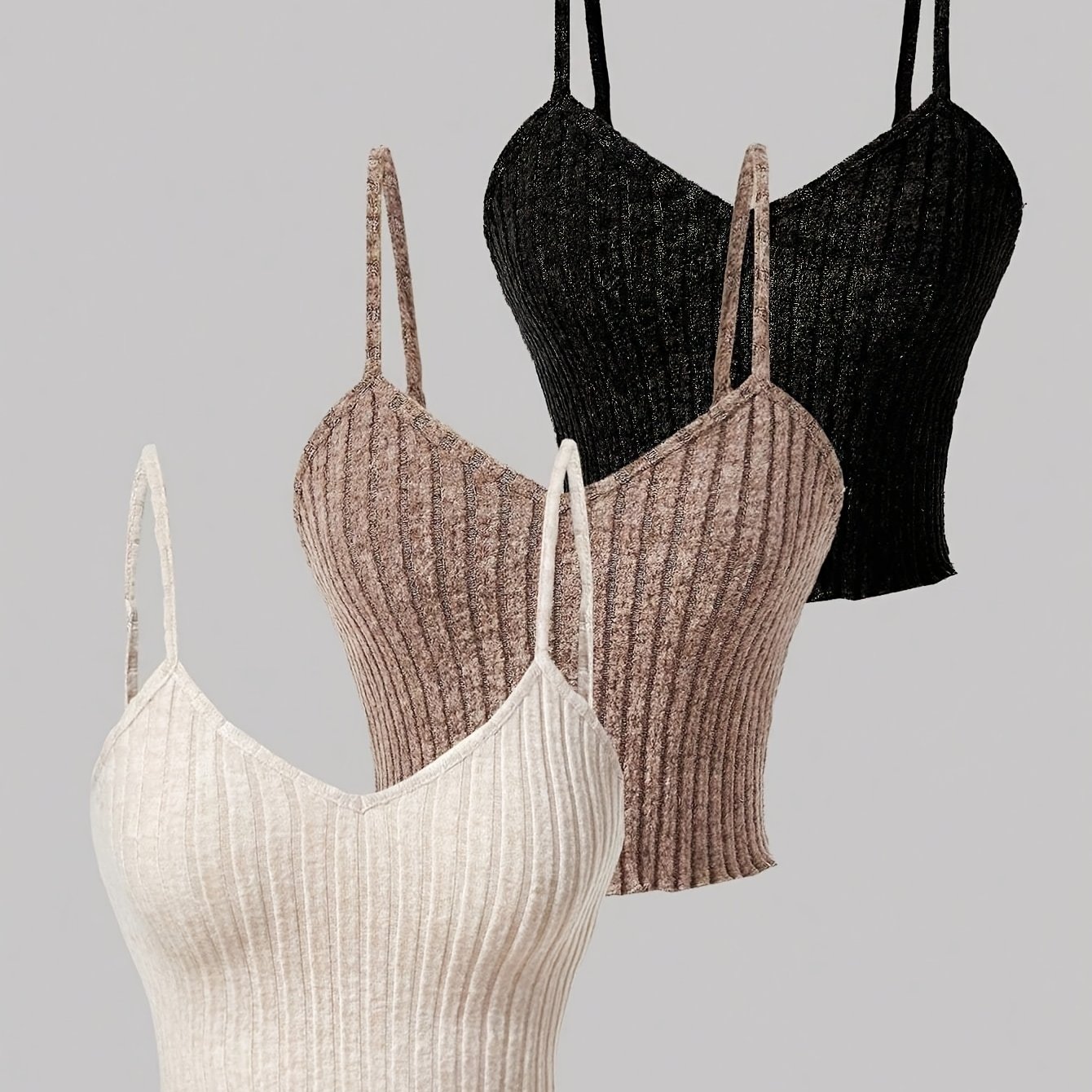 E-shop 3er-Set Tanktops mit horizontalen Streifen, lässige, ärmellose Sommer-Top mit V-Ausschnitt und Blattbordüre, Damenbekleidung