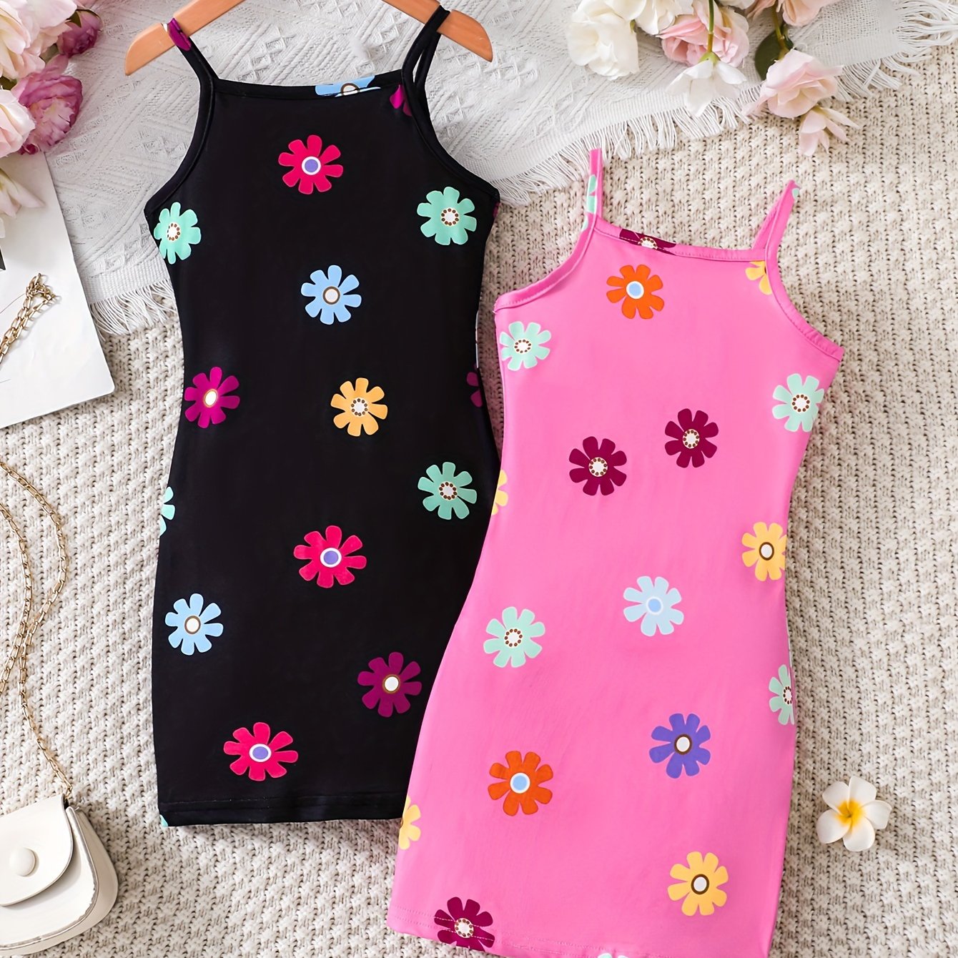 Two-pack Girls' Comfortable Knitted Floral Print Slim Fit Suspender Dress