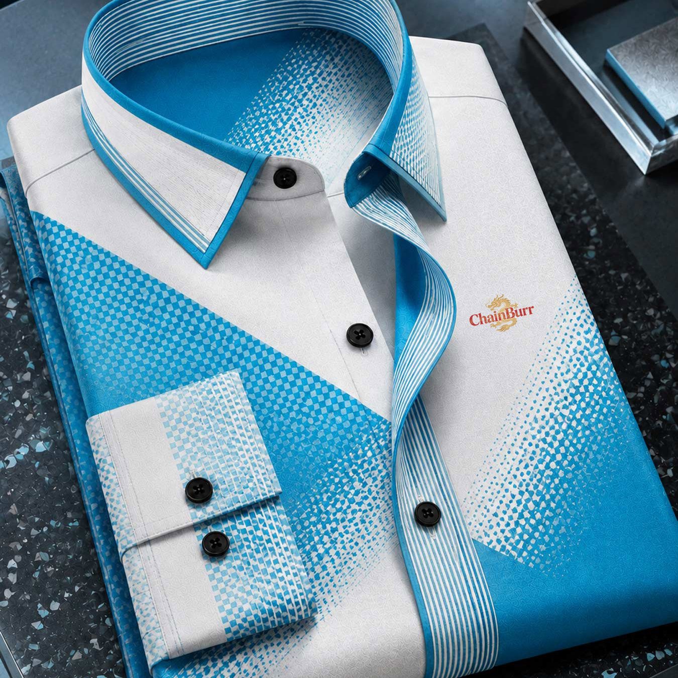Image of Summer 's Doublebutton Collar Longsleeve Shirt Blue Geometric Print Elegant Suitable For Business Meetings And Formal Events