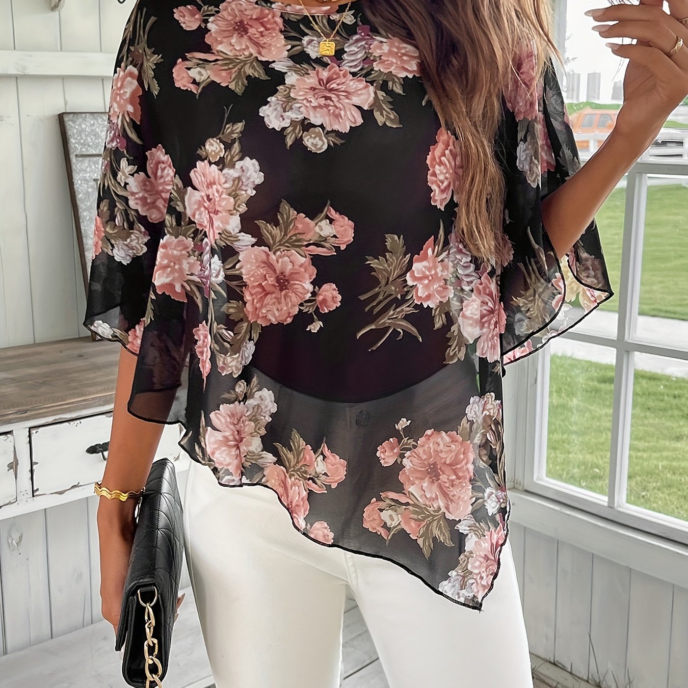 TEMU Floral Print Asymmetrical Hem Blouse, Elegant Batwing Sleeve Loose Blouse For Spring & Fall, Women's Clothing