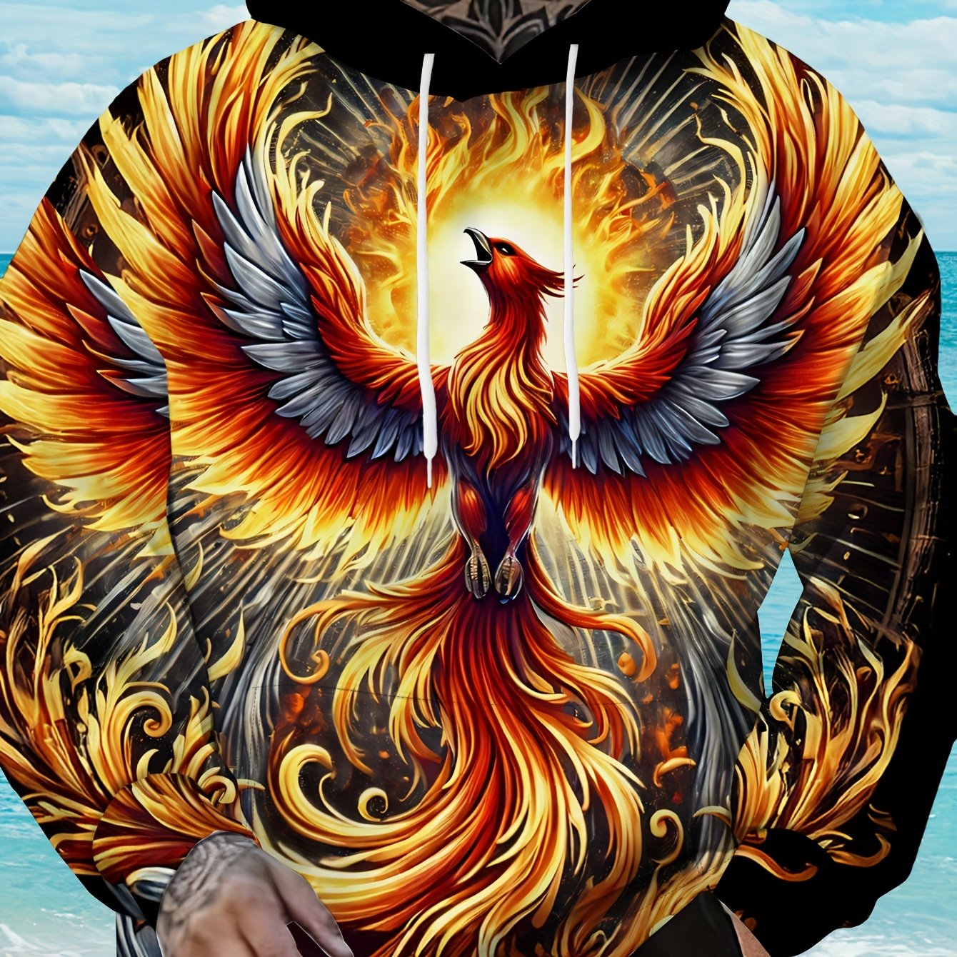 TEMU Men's Plus Size And Golden High-definition Hoodie With A Large Eagle Print