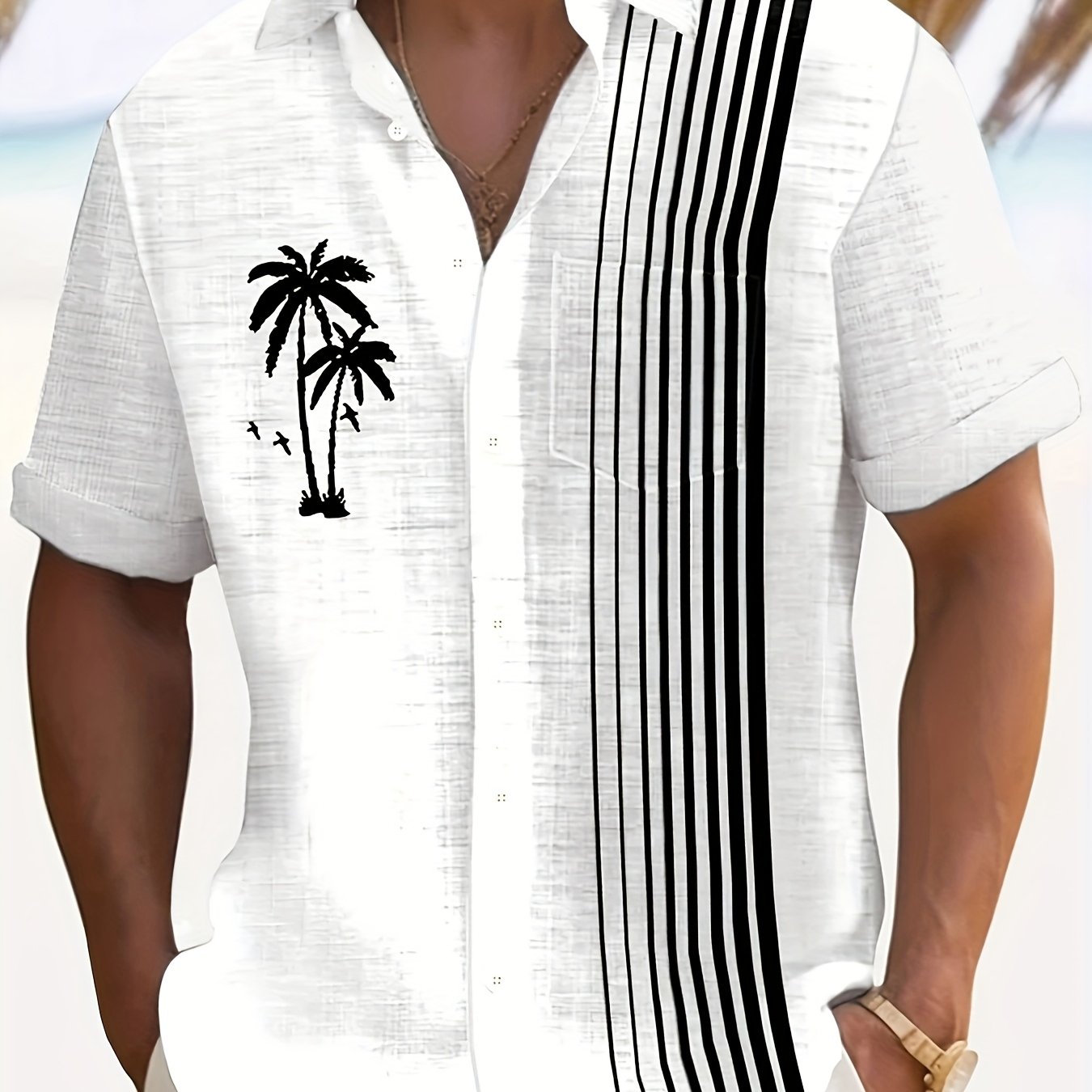 TEMU Men's Casual Coconut Tree Stripe Print Button- Pocket Short Sleeve Shirt