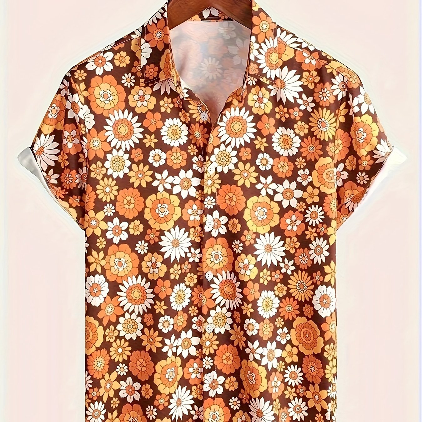 TEMU Men's 70s Vintage Floral Print Shirt, Orange White Retro Daisy Full Print, Full Retro Relaxed Fit, Suitable For Vintage Outfits And Daily ,