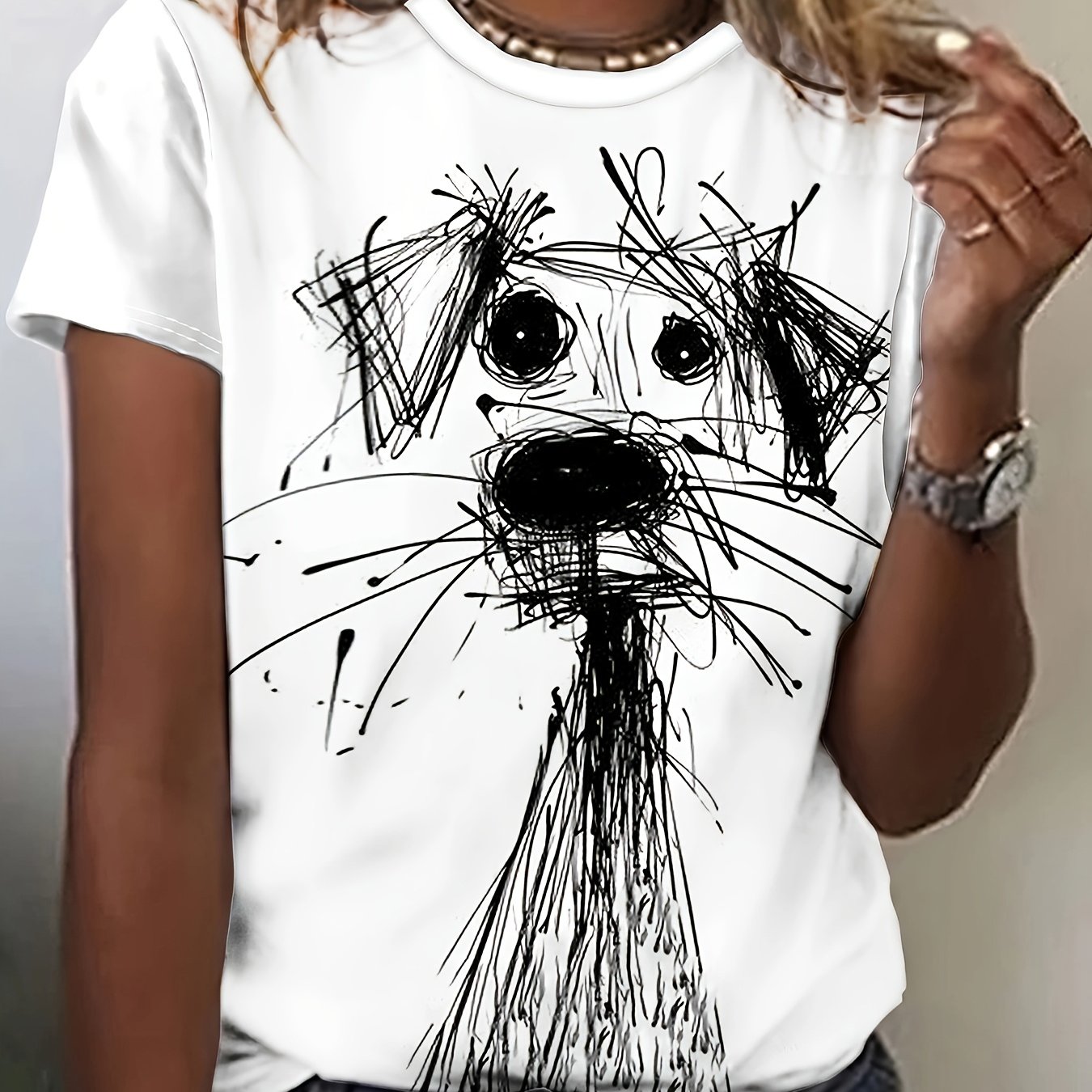 E-shop Damen Sommer Casual Kurzarm T-Shirt - Niedliches Hund & Knochen Muster Rundhals Top, Schwarz & Weiß Skizze Haustierliebhaber Shirt,