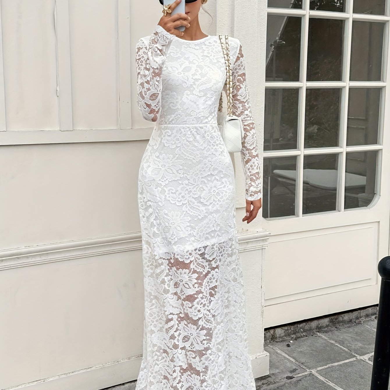 Image of Elegant White Lace Long Sleeve Maxi Dress For Women - Crew Neck, Zipper Detail, Flowing Design For Weddings, Parties & Formal Event