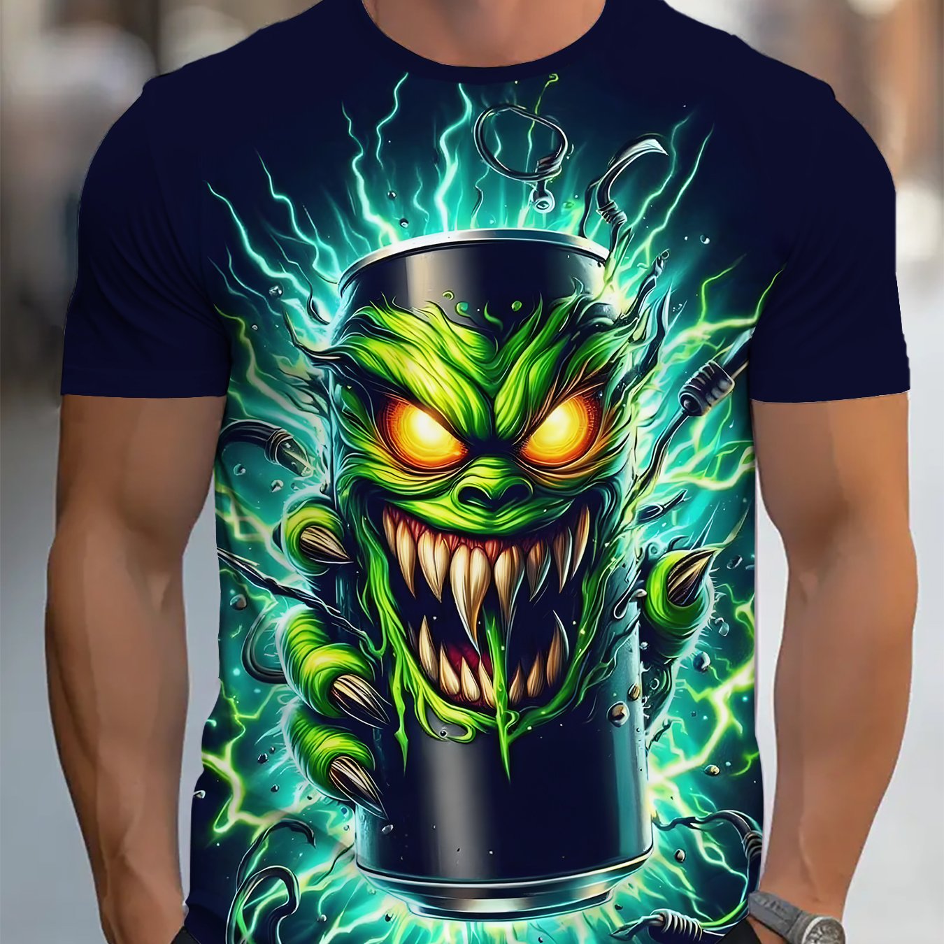 TEMU Summer Casual Round Neck Men's T-shirt Lightning Monster Tin Can Print Short Sleeve Fabric Quick Dry Breathable Non-sweaty For Outdoor Travel