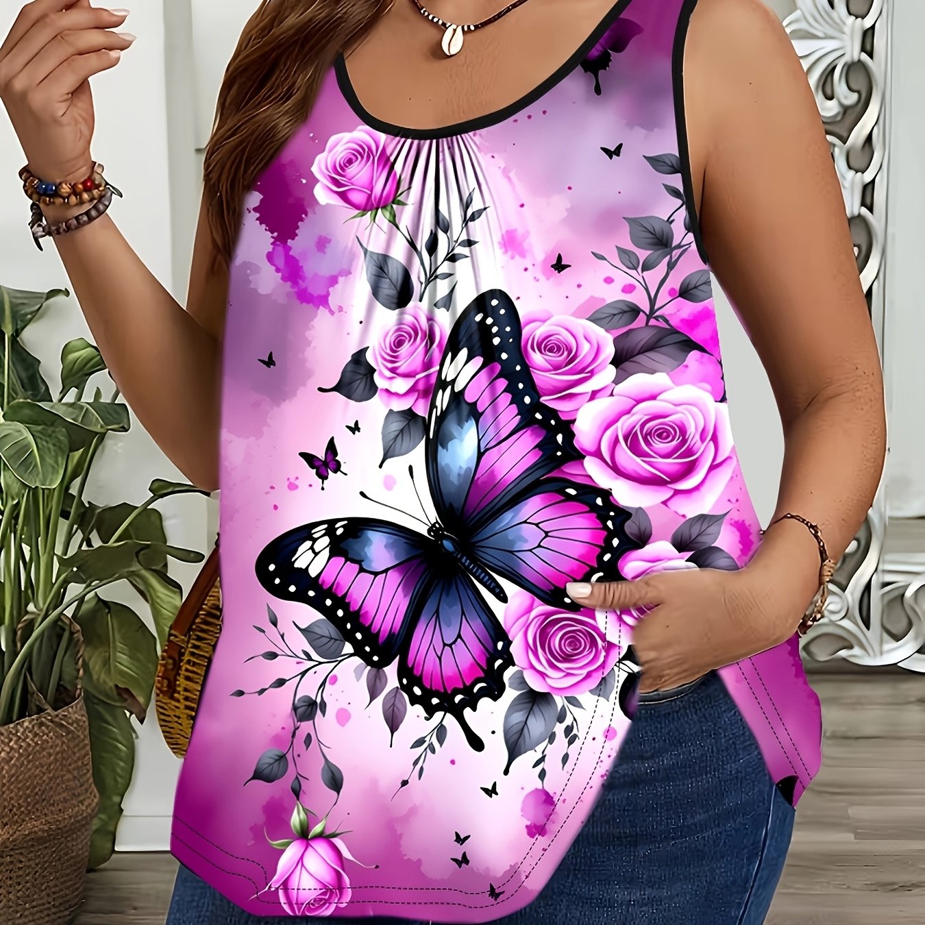TEMU Plus Size, Plus Size Women's Print Tank Top, Summer Loose Sleeveless Round Neck Flesh-covering Top