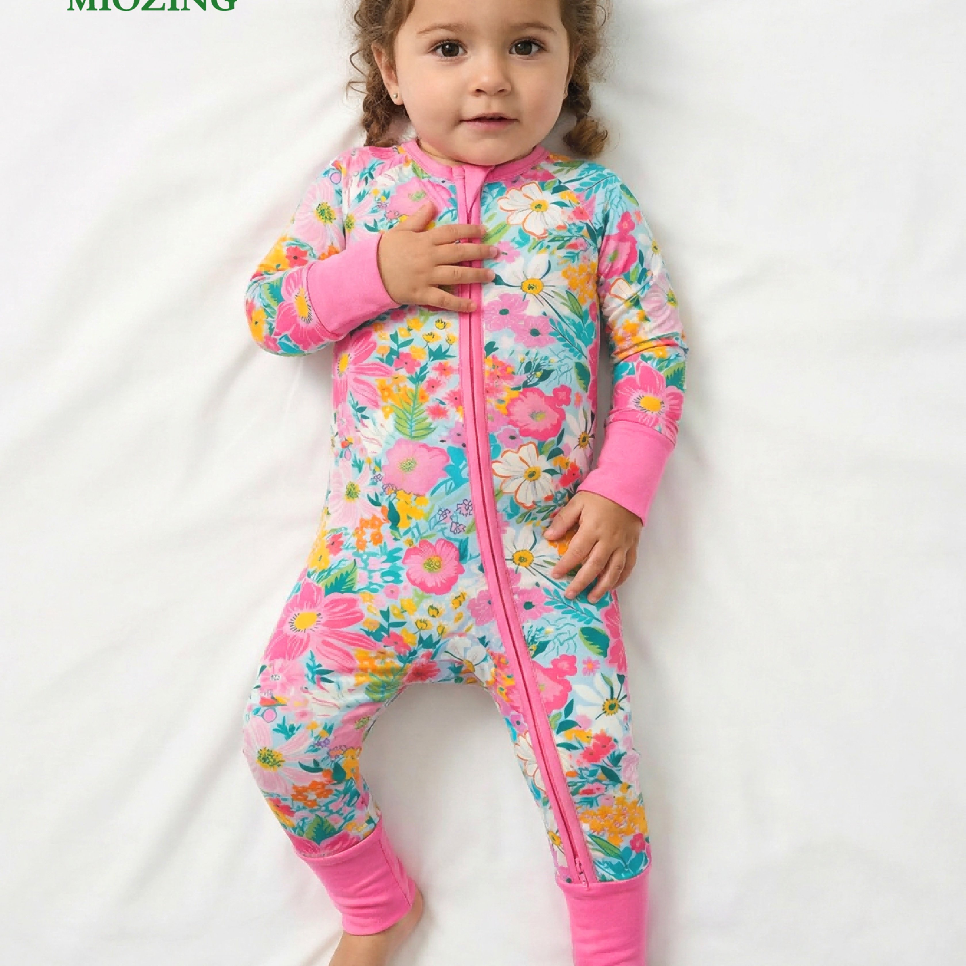 Miozing Bamboo Baby Romper, Zip-up Convertible Footie With 2-way Zipper, Long Sleeve, Spring & Daisy Print, Breathable & Cozy, Wear, For Outdoor