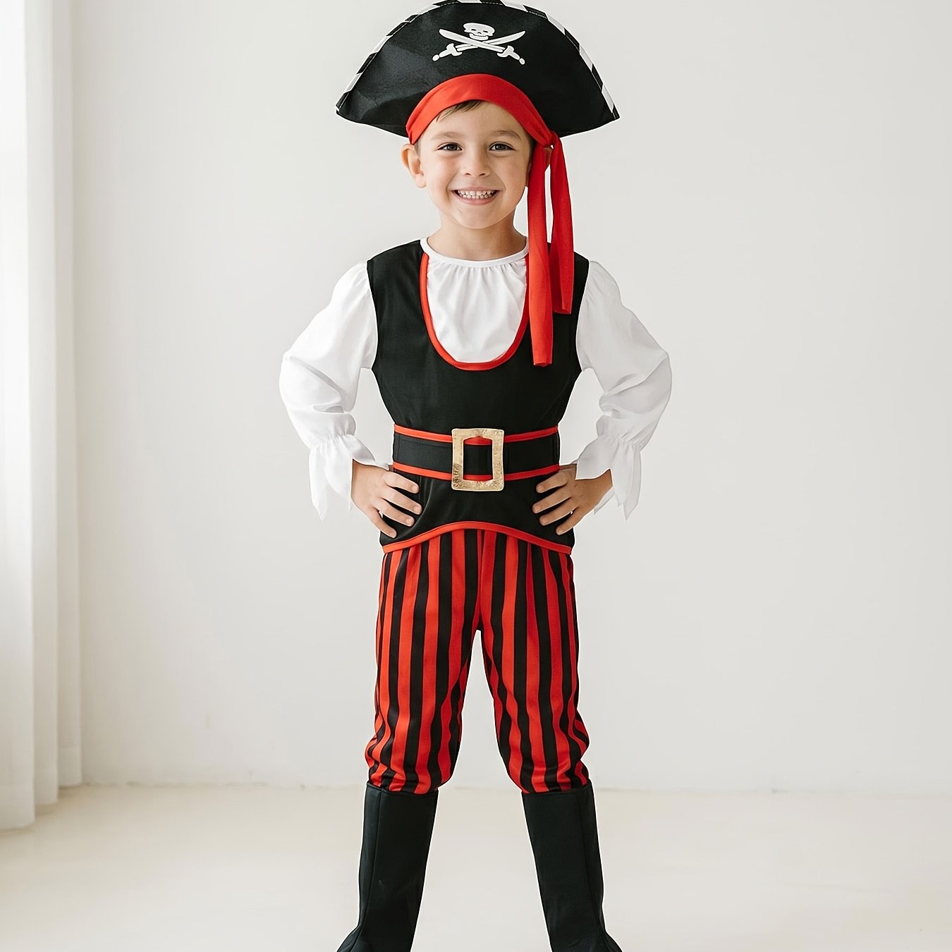 Image of Kids Pirate , Boys Caribbean Pirate Outfit With Hat, Halloween Pirate Dress Up For , Birthday Party, Stage Performance