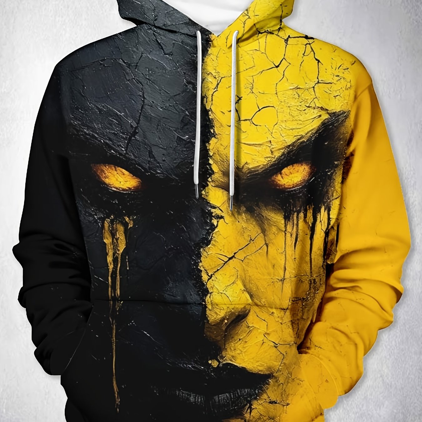 TEMU Fashion Men's Casual Athletic Hoodie - Black Yellow Contrast Abstract Painting Pattern Pullover Sweatshirt - Heavyweight Kangaroo , Suitable For