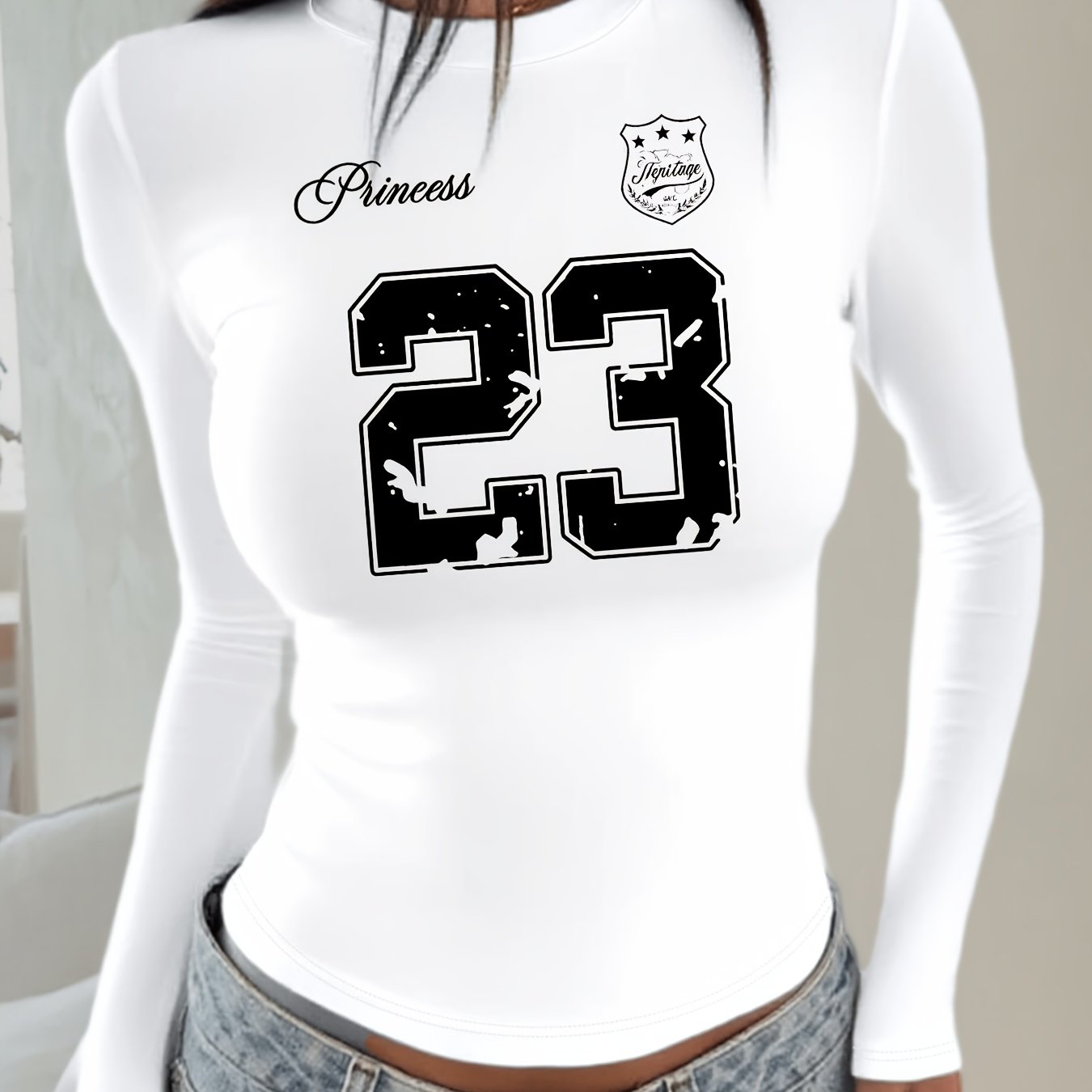 TEMU 2d Printed T-shirt With A Pattern Featuring 23, Slim-fit Long Sleeve Long-length T-shirt, Seasonal Fashion, Comfortable Cut, Versatile And Easy