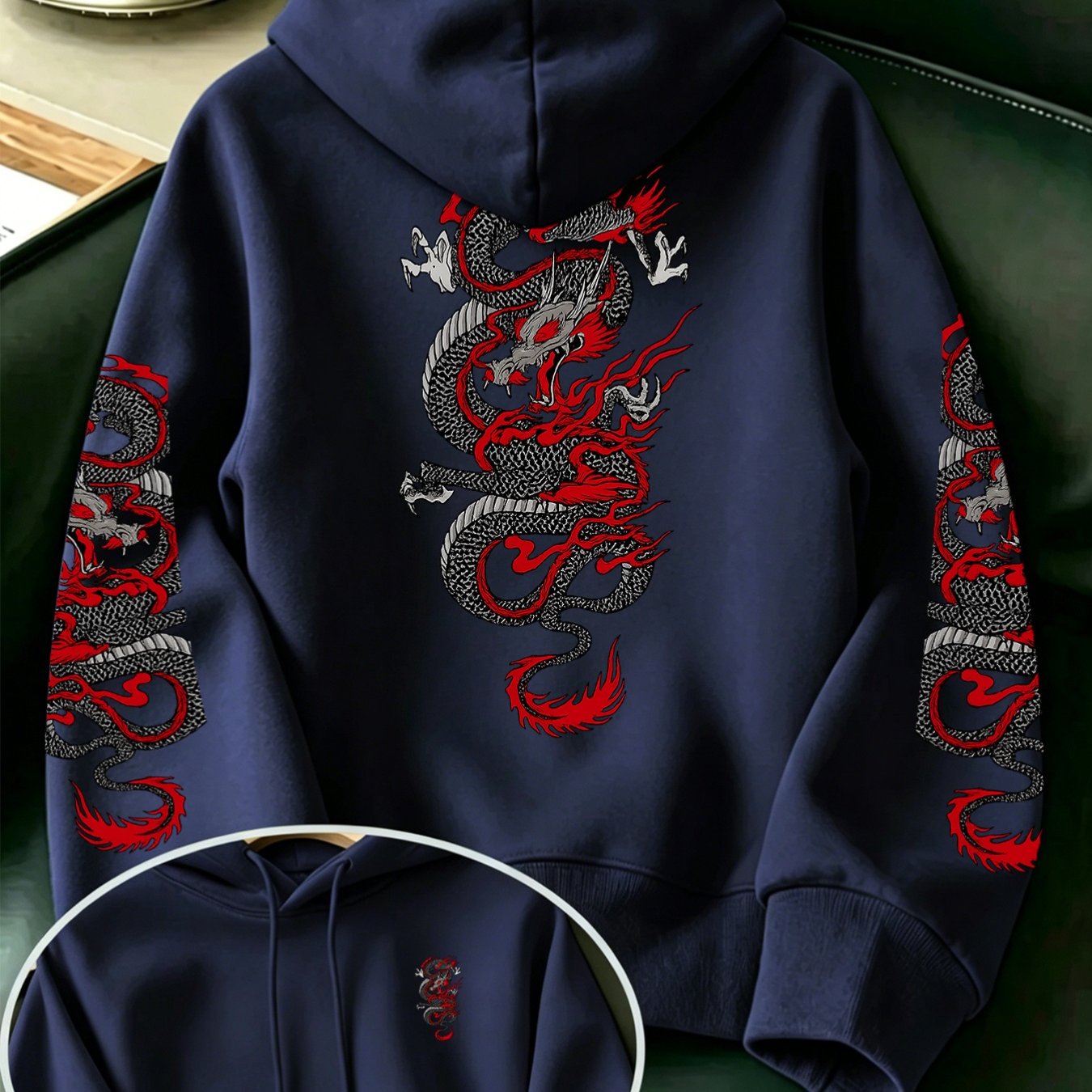 TEMU National Trend Red Black Dragon Print Hooded Sweatshirt Unisex Street Black Long Sleeve Hoodie