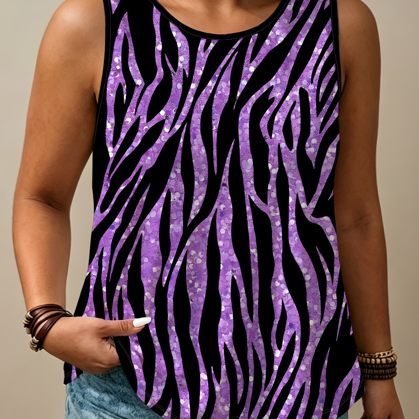 TEMU Purple Glitter Zebra Print Sleeveless Tank Top, Plus Size Women's Loose Fit Casual Top, Summer Cool And Breathable Sports Vest, Fashionable And