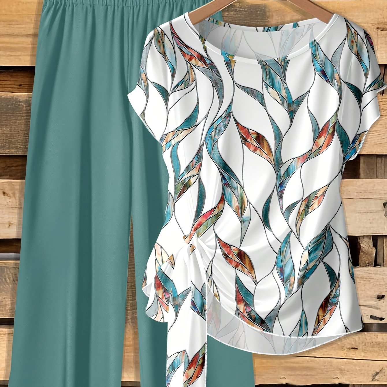 Artikelbild 2-teiliges set damen lässiges minimalistisches grünes fliegehemd und lockerer gerader geometrischer druck hosen set,   für frühsommer