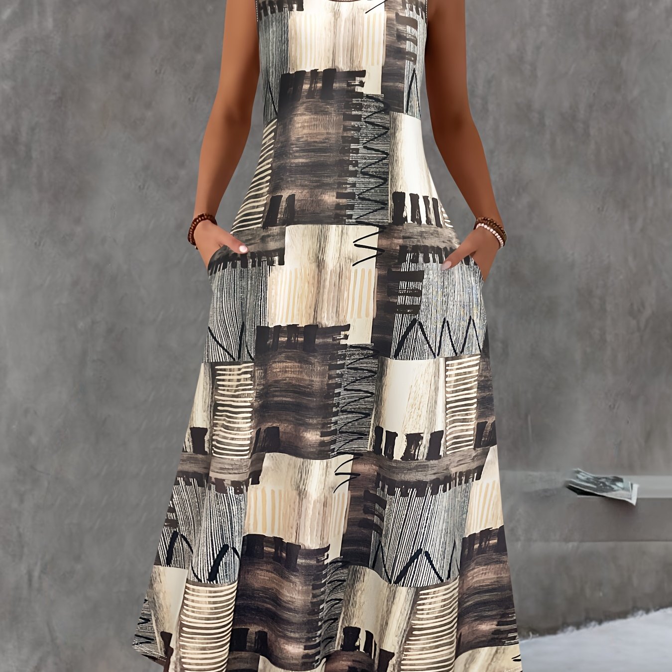 E-shop Sommerliche Damenmode Farbblock-Druck Ärmelloses Westen Kleid Rundhalsausschnitt Tasche Freizeitkleid Damenbekleidung