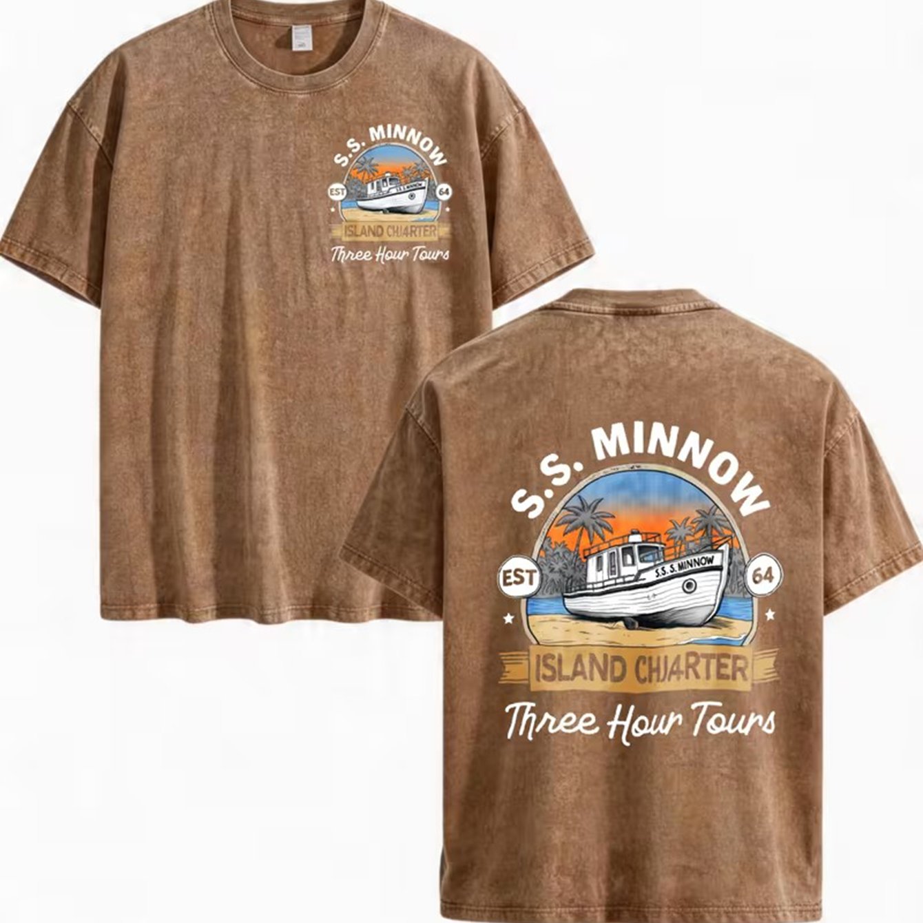 TEMU 230g Men's Washed Snowflake Pattern Oversized T-shirt Ss Minnow Island Package 3-hour Summer Beach Vacation Gift For Men