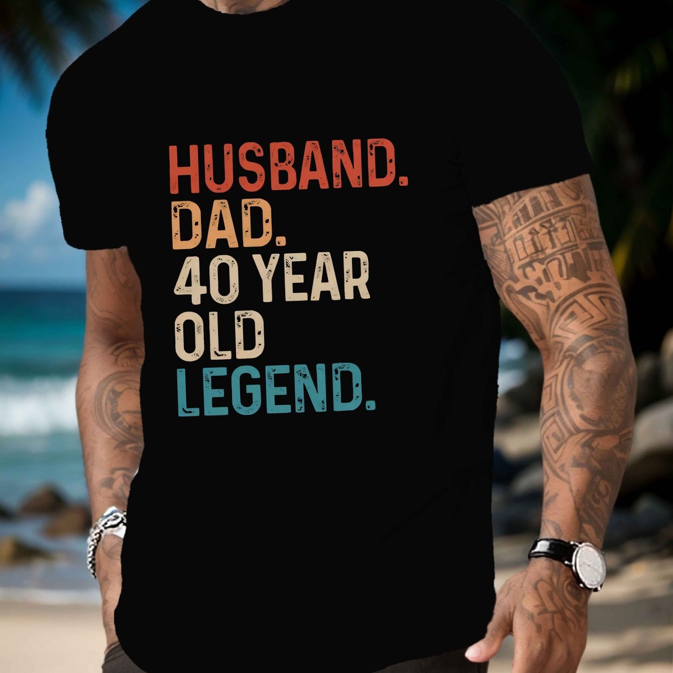 Men's 40th Birthday Dad T-shirt - Summer Casual Short Sleeve, Round Neck, Geometric Pattern, Polyester Top, Polyester, Round Neck
