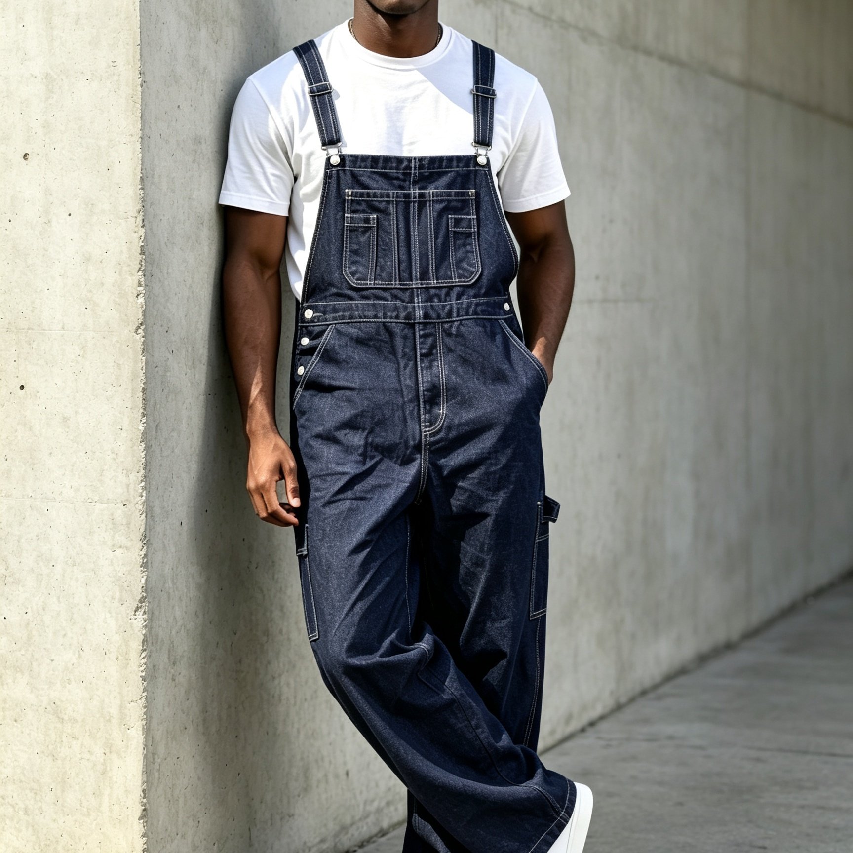 Image of [allsro] Men's Vintage Dark Blue Denim Overalls, Vintage Dark Blue Loose Straight Leg Cargo Pants, Loose Straight Fit With Multi-, Hand Washable Fabric, Vintage Outdoor Casual Slim Denim Overalls