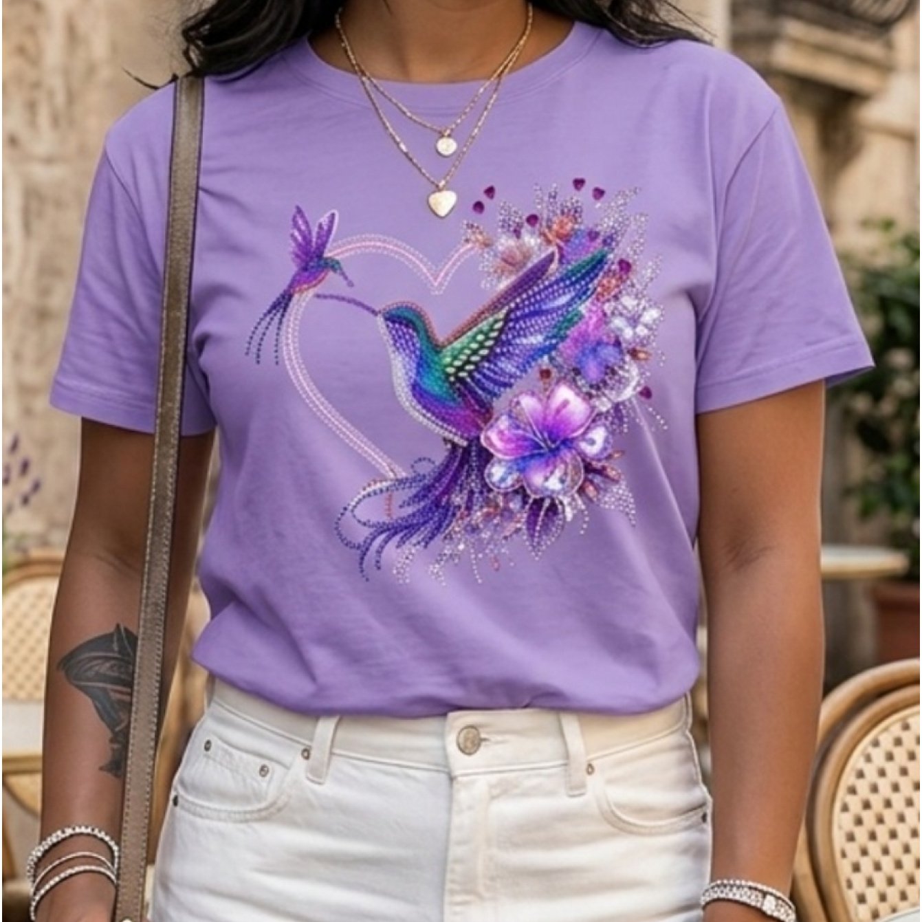 TEMU Women's Casual Short Sleeve Round Neck T-shirt- Vibrant Hummingbird And Floral Print, Breathable Mid-stretch Fabric, Washable, Suitable Spring,