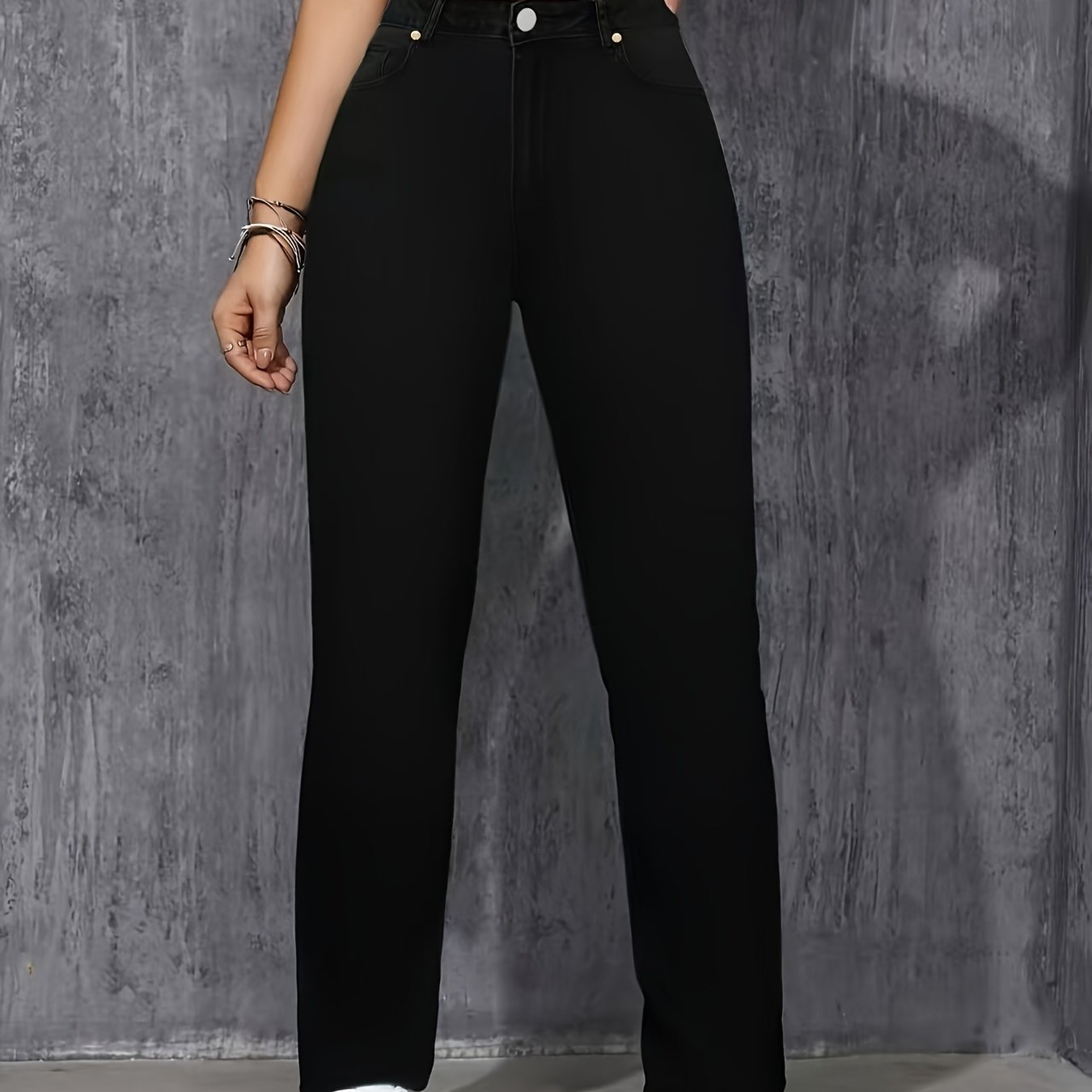 Image of Women's Mid-waist Stretch Jeans, Elegant Black Denim, Women's Slim Fit Straight-leg Pants
