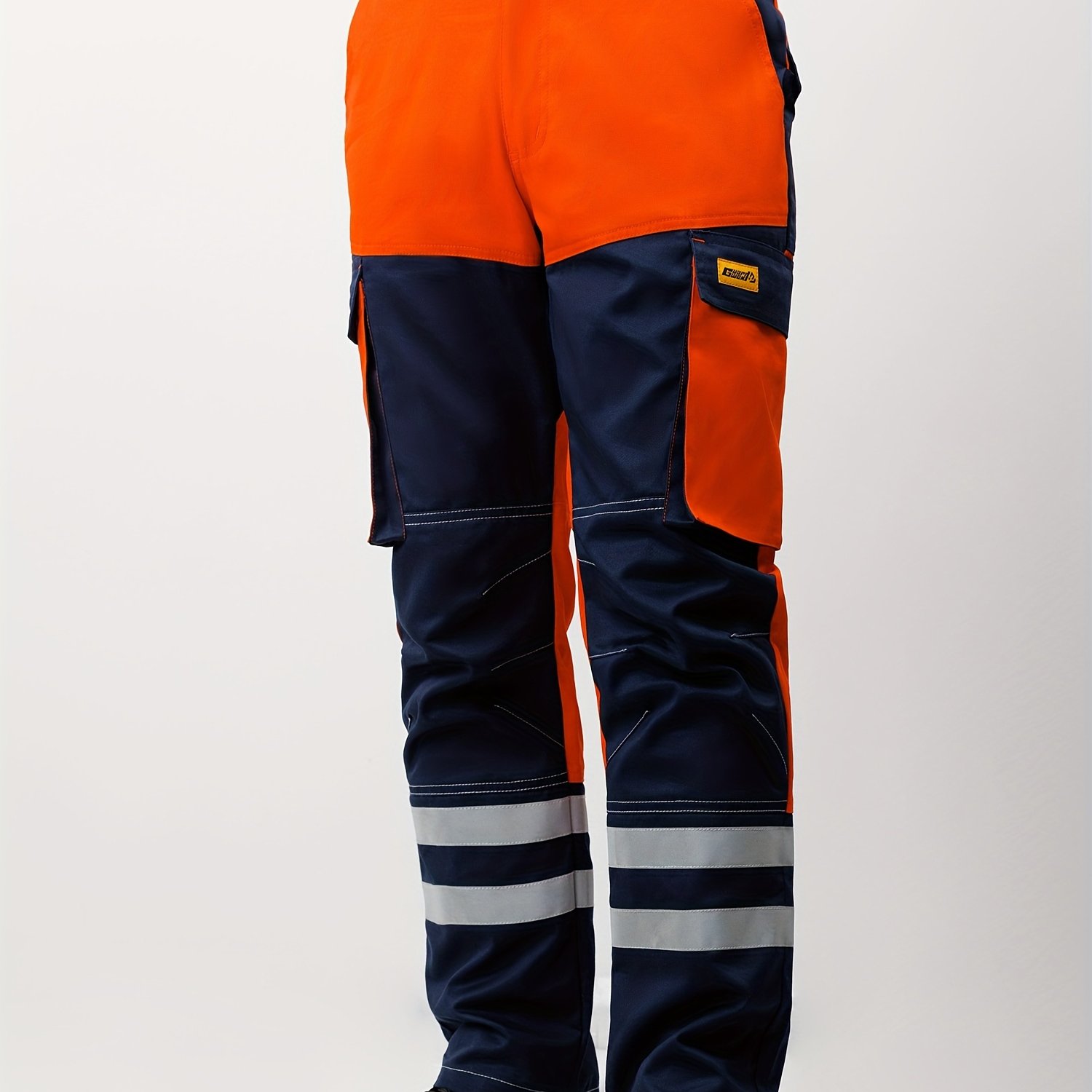Geng Yuan Men's Cargo Pants, Orange Blue Contrast Multi-pocket Casual Cargo Trousers, Style 1pc, Autumn, Regular Fit, Durable, Outdoor