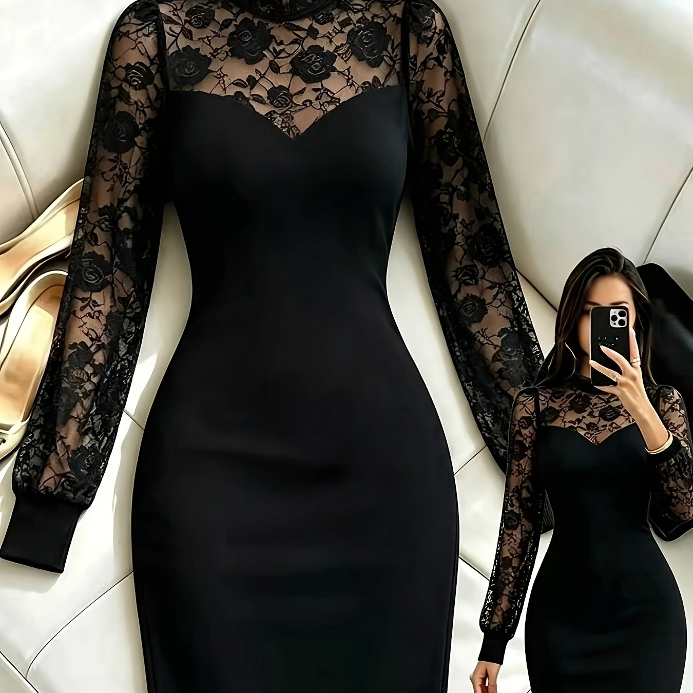 TEMU Elegant Black Dress With Lace Design, Featuring A Sexy Yet , Suitable For The Office, Daily , And Parties