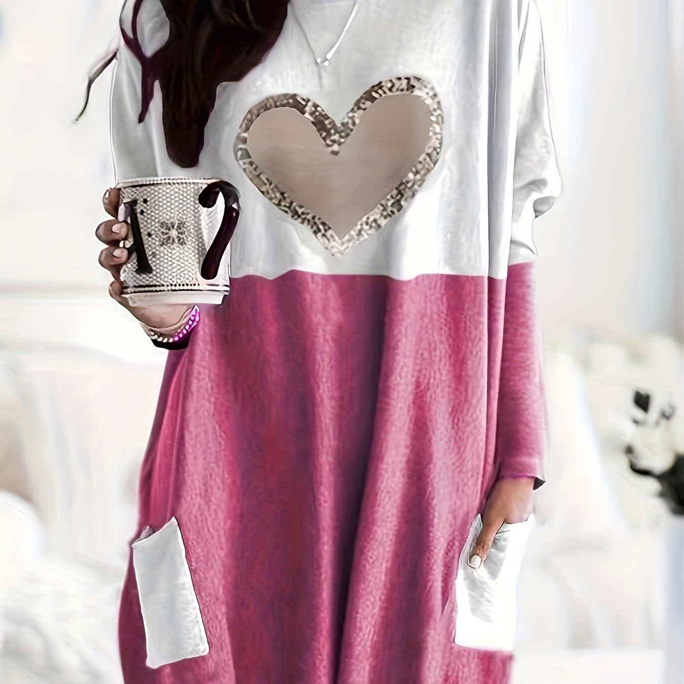 Women's Valentine's Day Heart Graphic Long Sleeve Top - Color Block Sequin Sleeve Shirt | Casual Crewneck Jumper