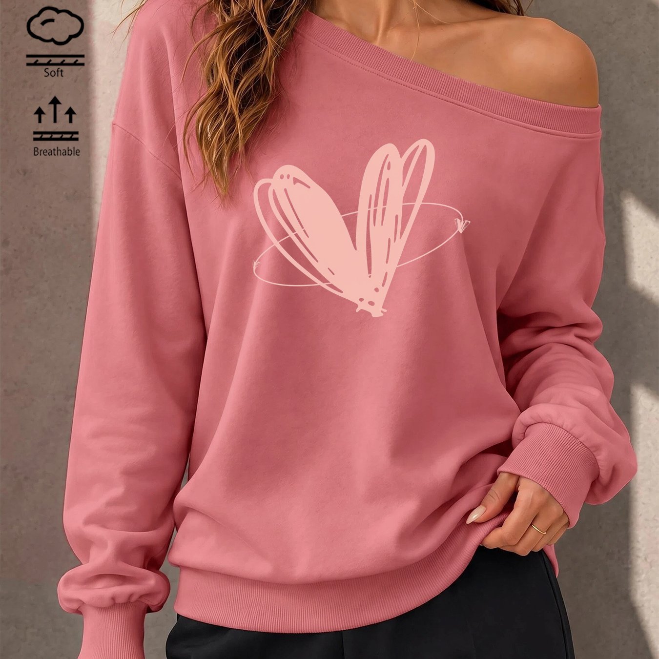 Image of Fall Y2k Women's Asymmetric Off-shoulder Long-sleeve Fashion Sweatshirt With Pink Heart Print, Casual Loose Pullover Outerwear