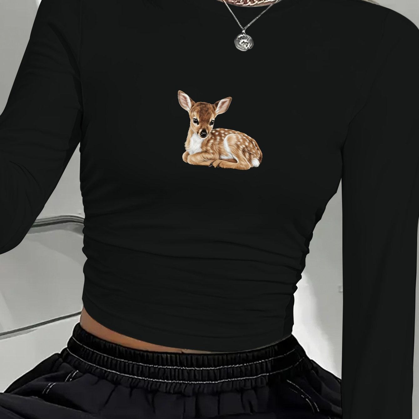 TEMU Resting Fawn Illustration Women's Fashion Long Sleeve Shirt