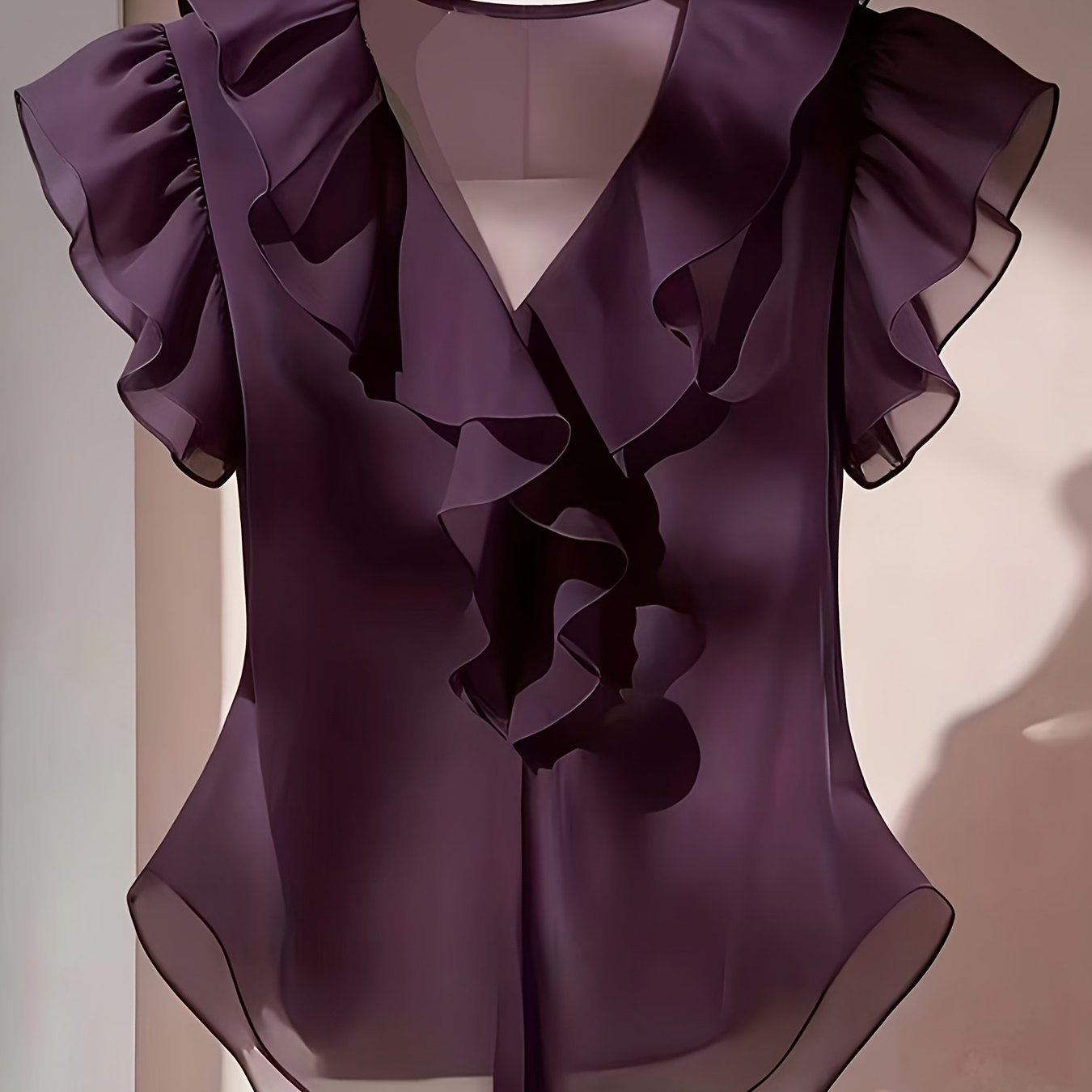 TEMU Summer Solid Color Ruffle Hem Flutter Sleeve Short Sleeve Chiffon Blouse For Women