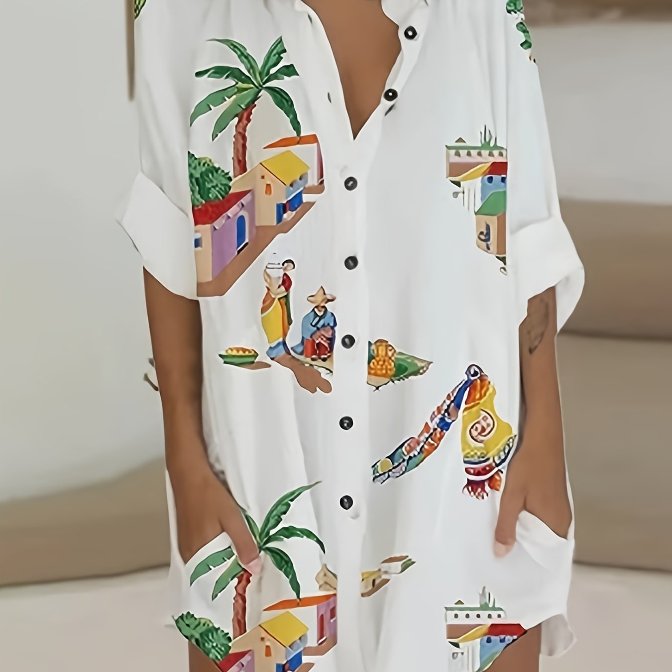E-shop Damen Locker Shirt Kleid Knopf Strand Sonnenschutz Rollärmel Shirt Strandbekleidung Oversized Shirt