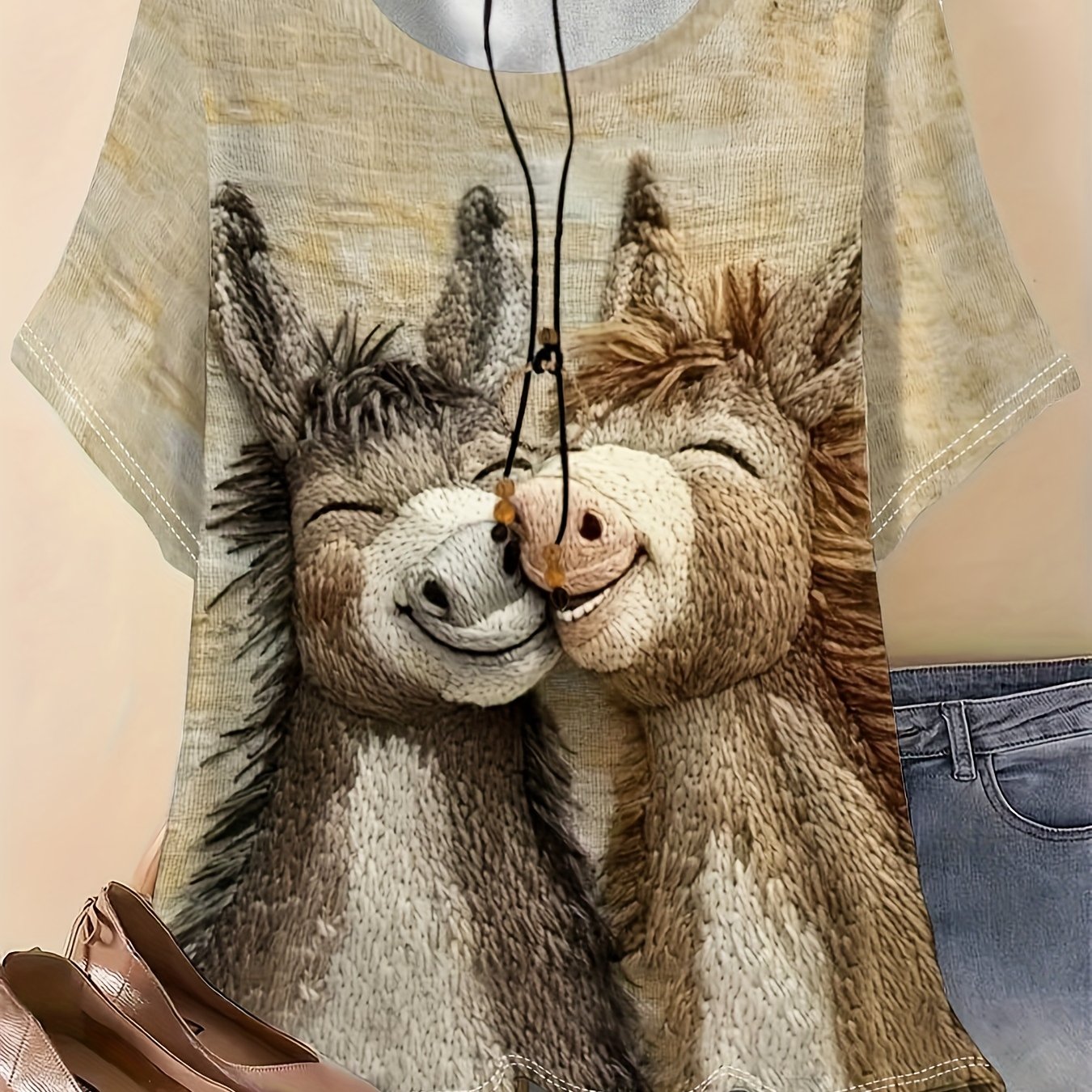 TEMU Plus Size, Sweater Plus Size Women' Donkey Kiss Cute Cartoon Design Pattern T-shirt - Casual Crew Neck, Short Sleeve Top, Machine Washable