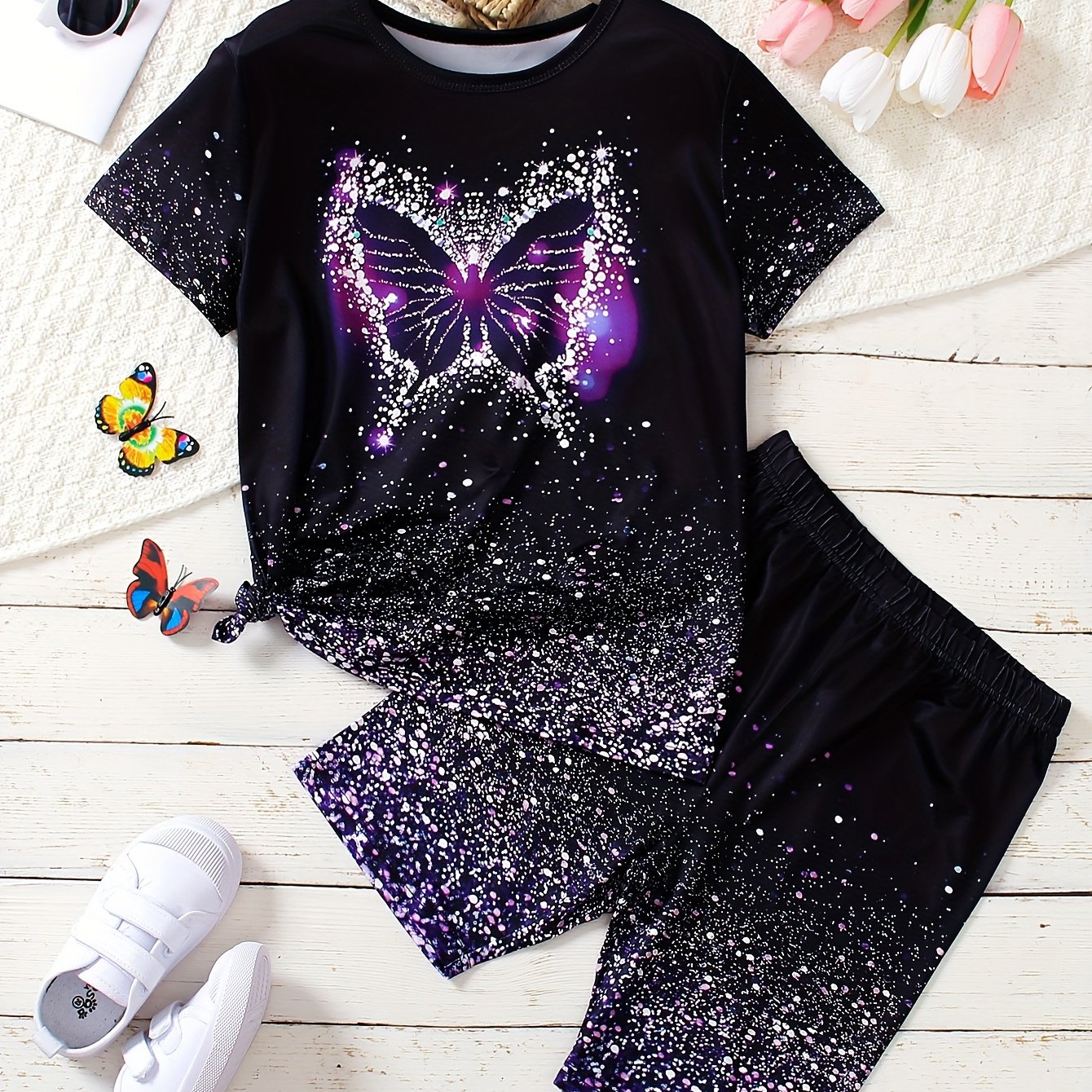 Image of 120-170 Girls' Big Kids Pattern Random Print Short Sleeve Crew Neck T-shirt Random Print Gradient Shorts Two-piece Set Spring And Summer Casual, For Outdoor
