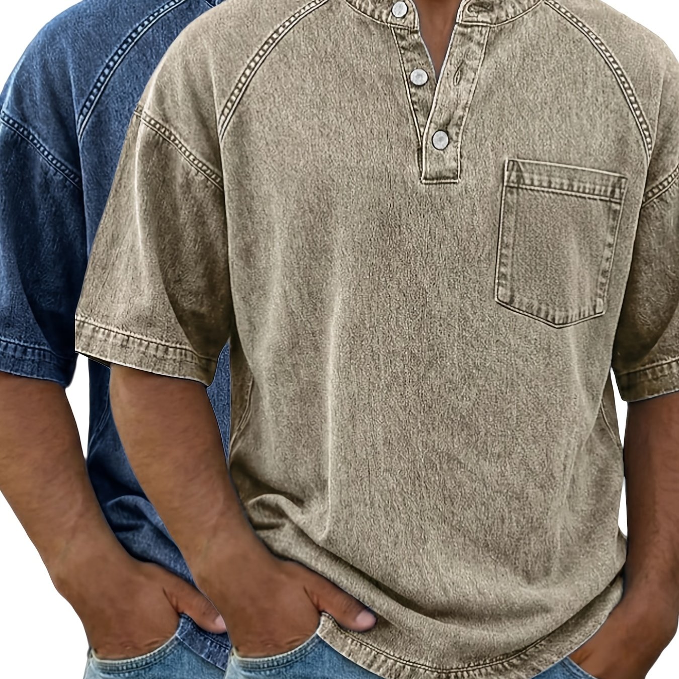 TEMU 2pcs Men's 100% Cotton Washed Vintage Henley Shirt 3 Button Casual T-shirts Solid Color Summer Fall Tee Round-neck Denim Blue Washed Vintage