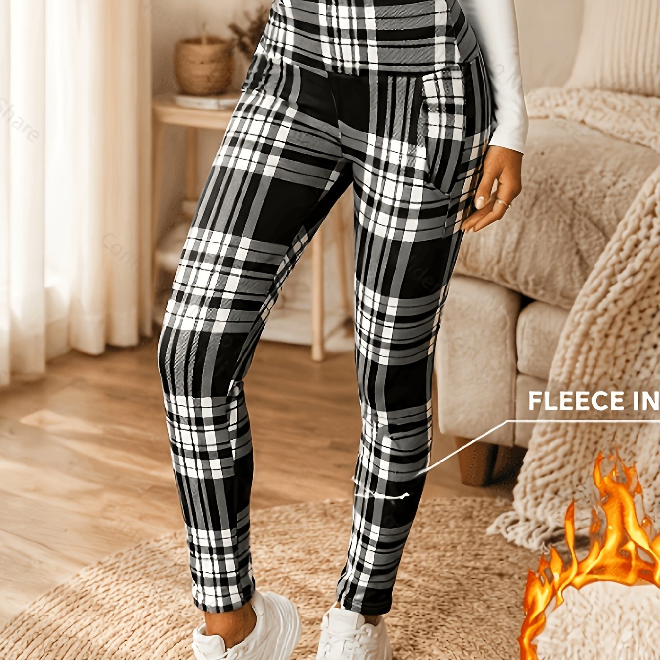 TEMU Damen Freizeitleggings mit schwarz-weißem Karomuster Futter – Herbst/Winter Mikrofaser für Wärme ohne aufzutragen, umkehrbares Design, faltbare