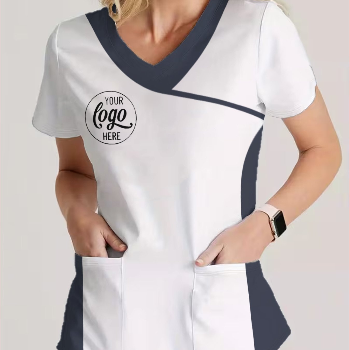 TEMU Haut pour femme avec logo personnalisé et motif, devant avec 2 poches, T-shirt blanc à col en V et manches courtes en bloc bleu marine foncé,
