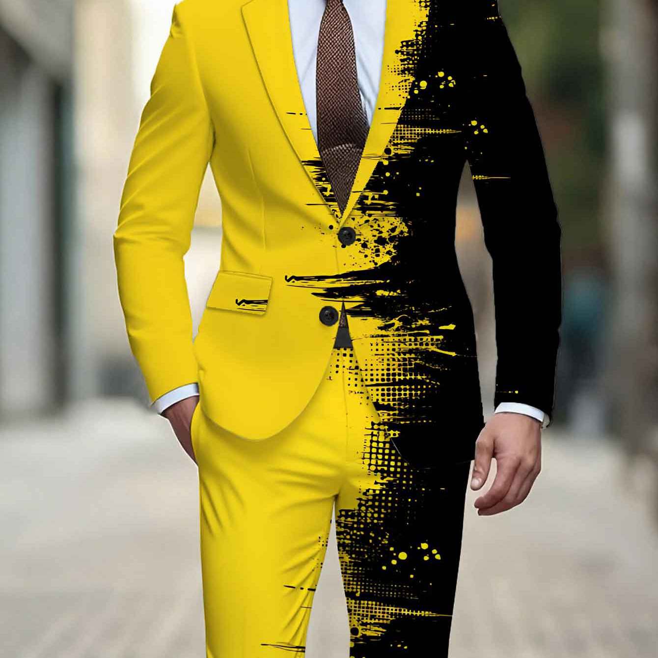 TEMU Men' Size Suit Set Featuring A Print Business Casual Blazer And Trousers, A Two-piece Outfit With , Ideal For Classic Banquets, Weddings, And