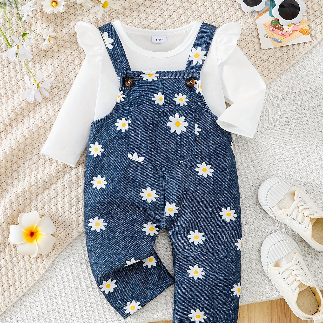 Image of Cute Baby Girl's Flutter Sleeve Top + Small Floral Print Suspender Overalls Comfortable 2pcs Set, Perfect For Outdoor