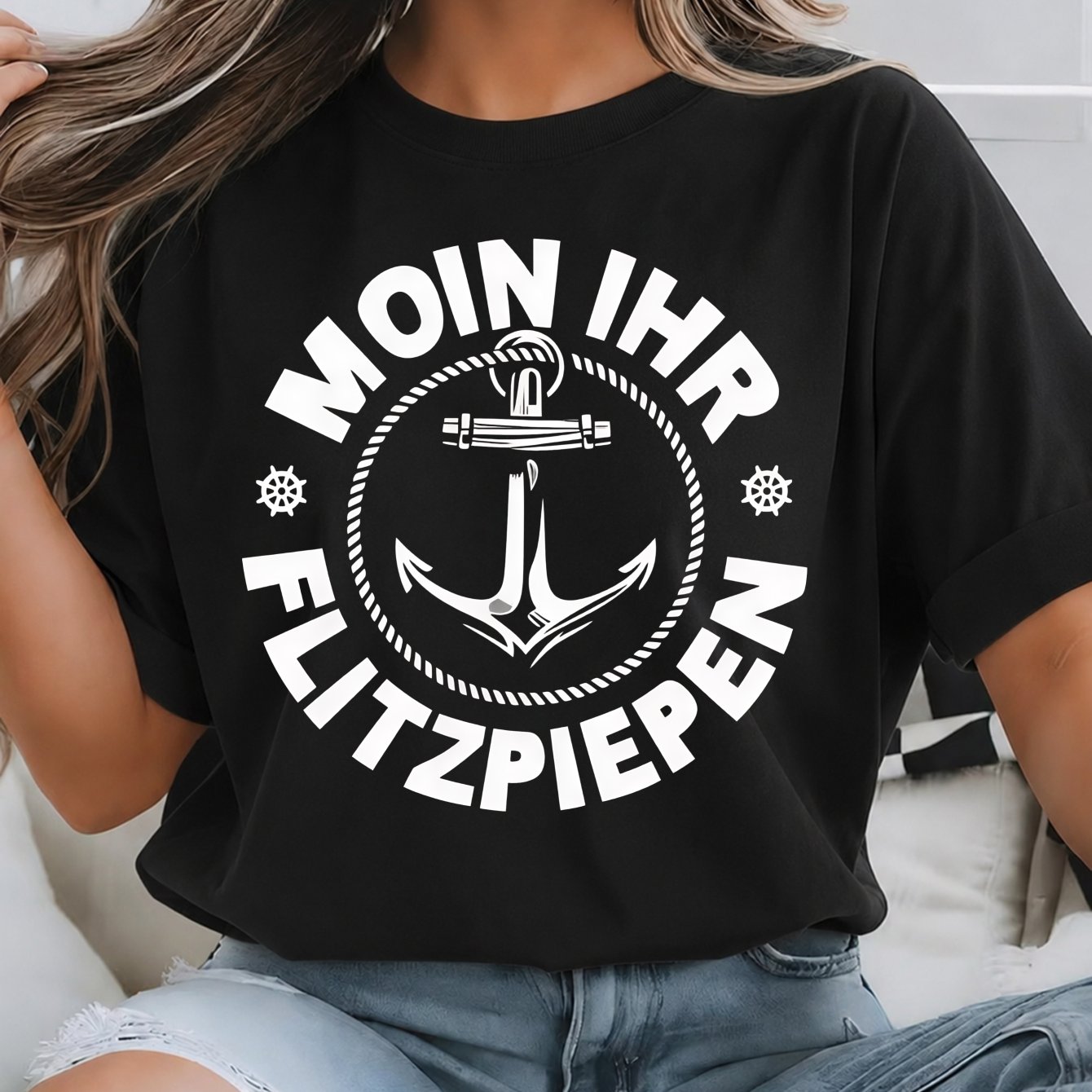 Image of Unisex Short Sleeve T-shirt, Anchor Design With Text Moin Ihr Flitzpiepen, For And Casual Wear, Everyday Use, 100 Percent Cotton