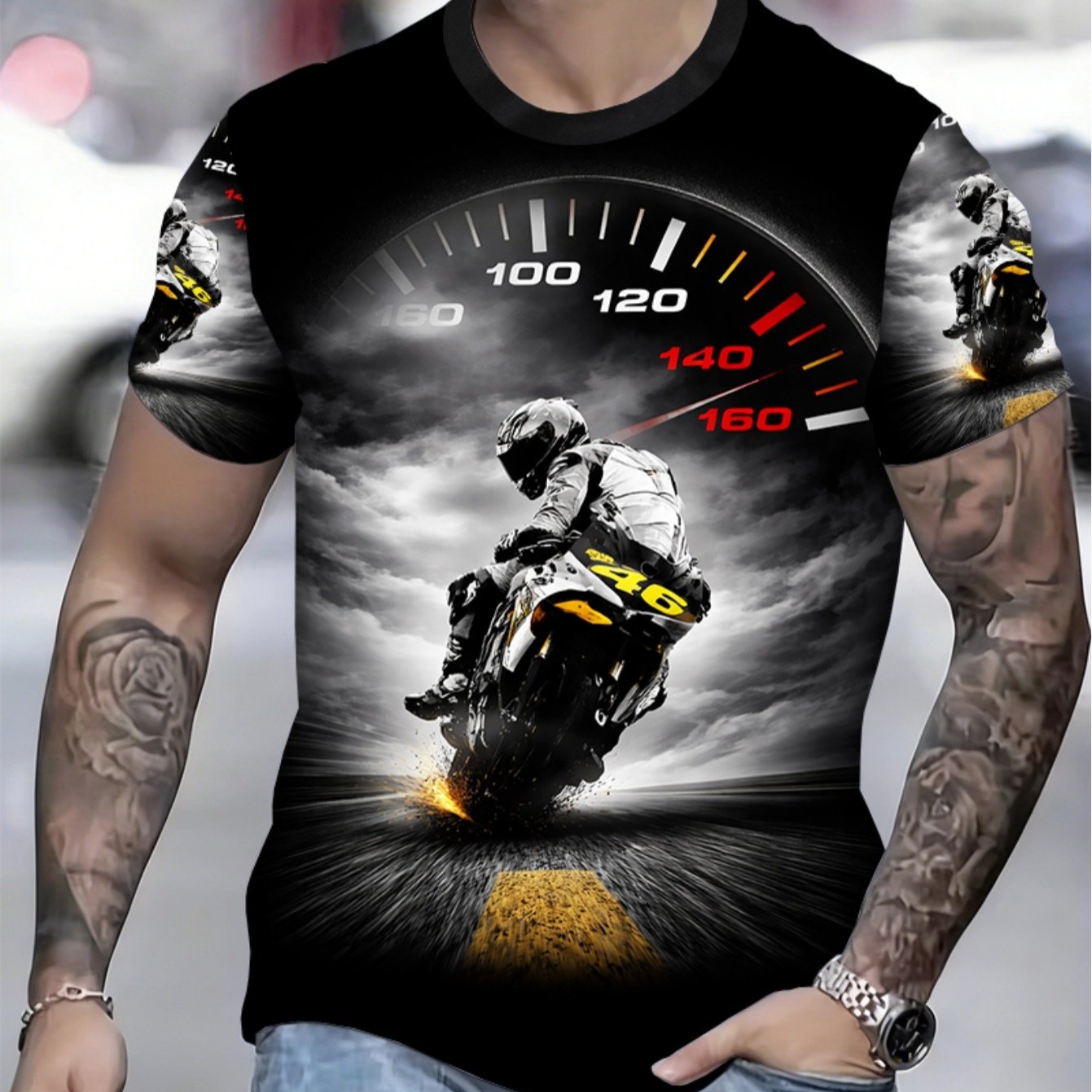 TEMU [print Design â Not Textured] Men's Racing Motorcycle And Speedometer Print T-shirt, Top With Number 46 Rider Pattern