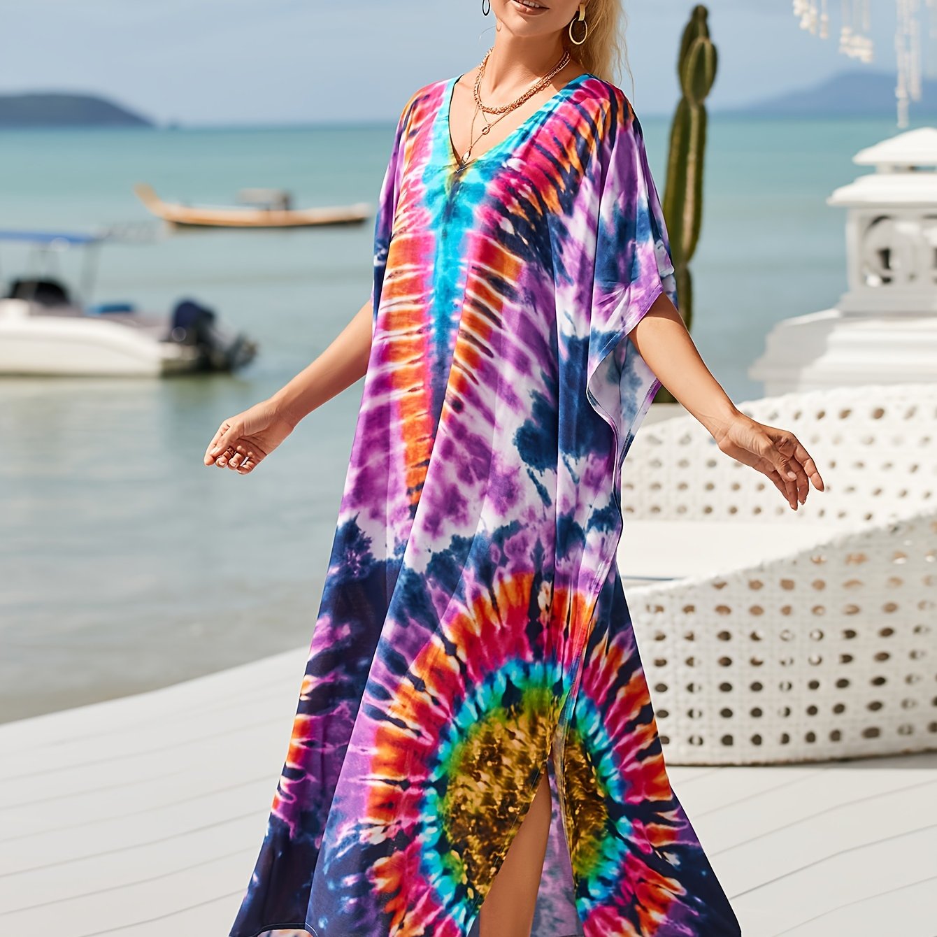 TEMU Plus Size V Neck Print Batwing Sleeve Loose Fit Up Kaftan Dress, Women's Swimwear & Clothing