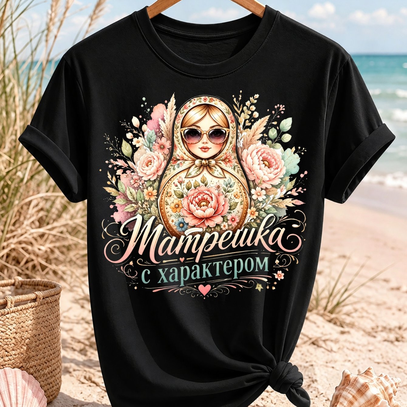 With Character T-shirt Floral Nesting Doll With Peonies And Elegant Cyrillic Text Unisex All T-shirt